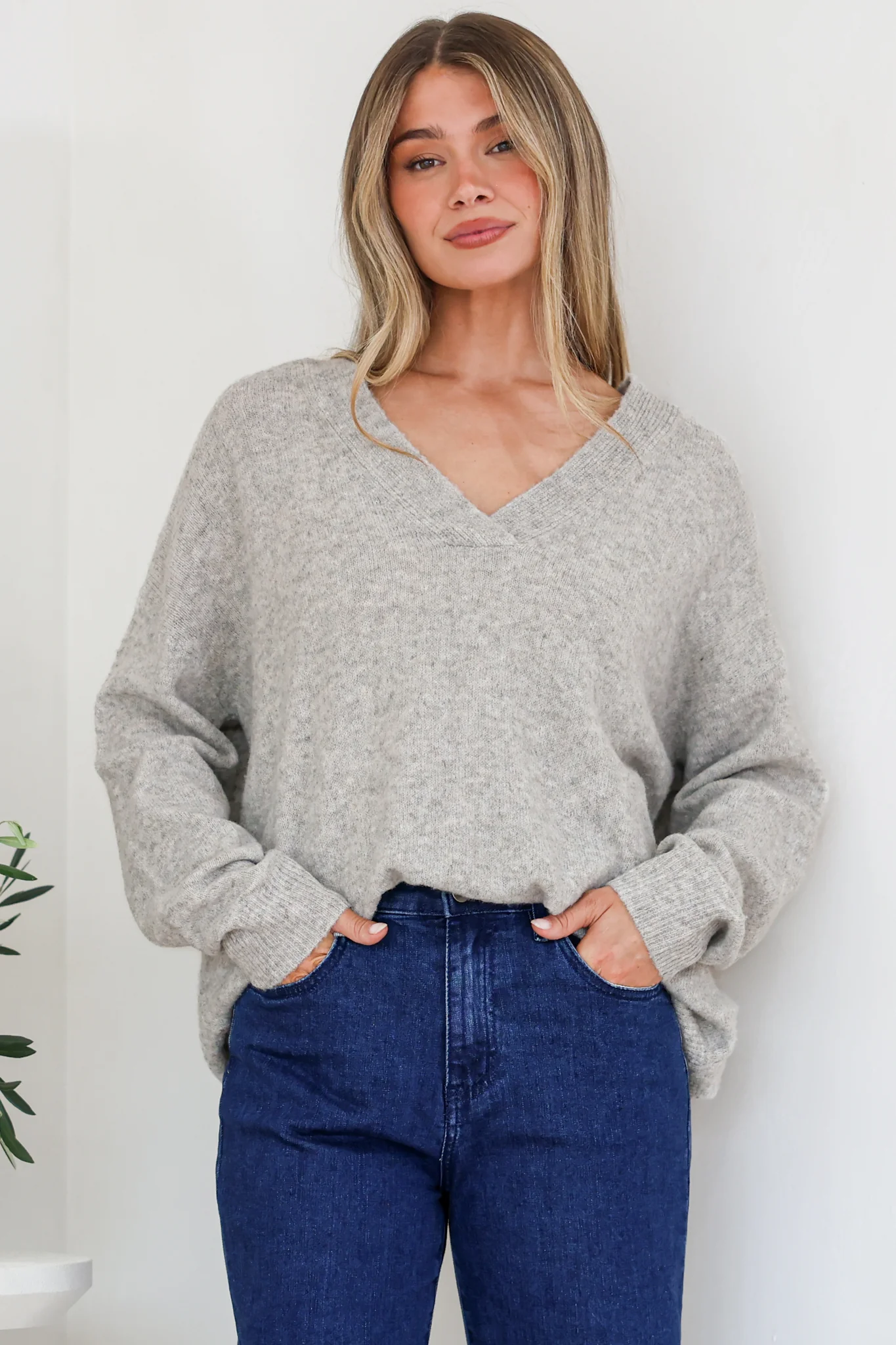 Donoven Jumper - V Neck Lightweight Knit with Ribbed Hemlines in Grey - Image 5