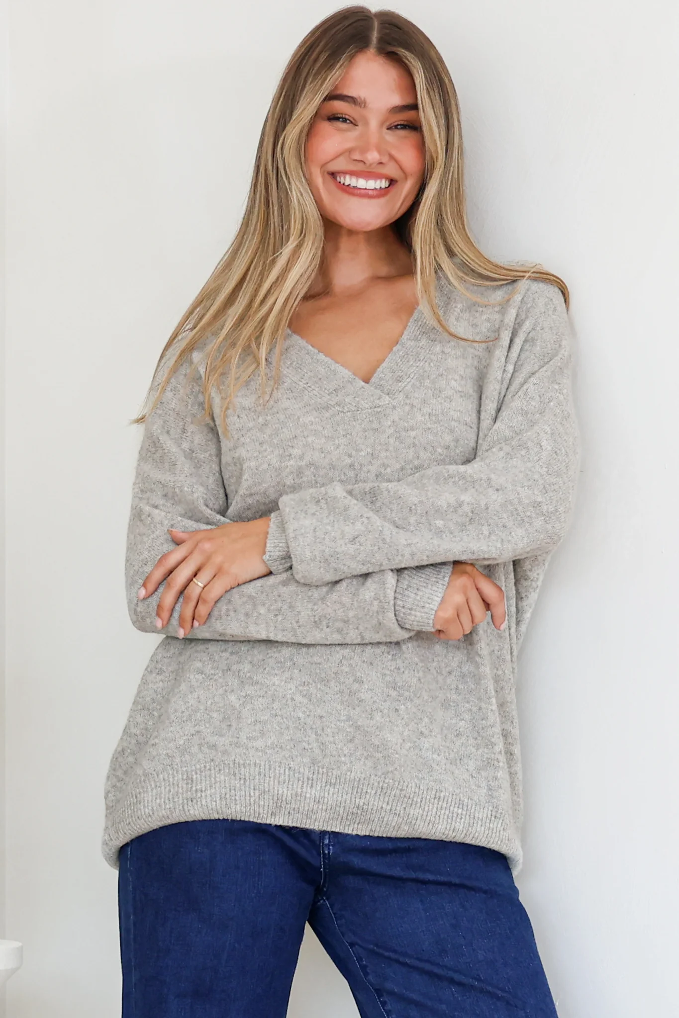 Donoven Jumper - V Neck Lightweight Knit with Ribbed Hemlines in Grey - Image 6