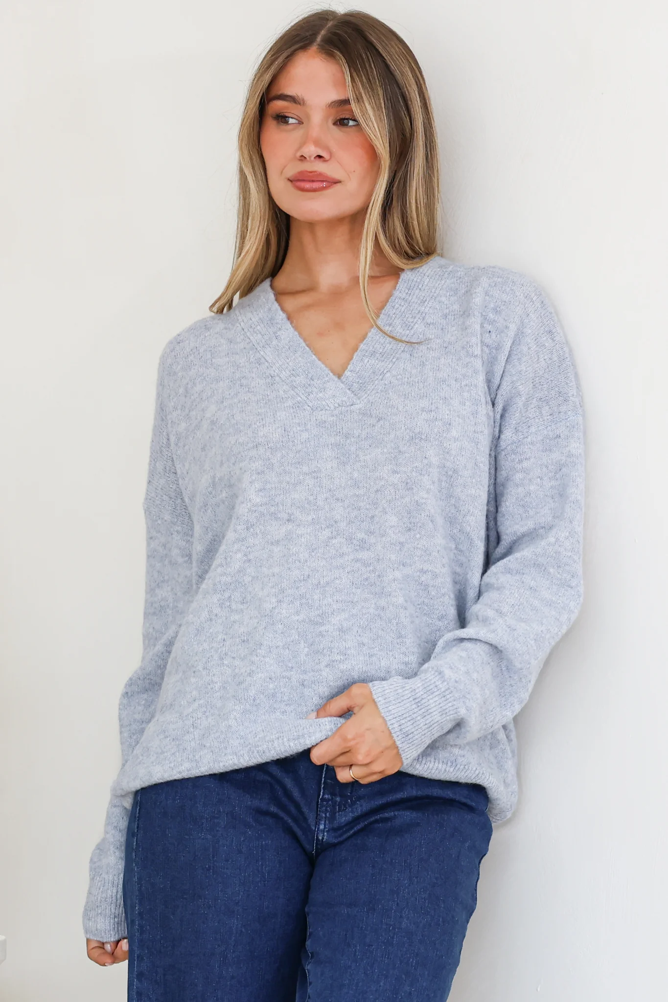 Donoven Jumper - V Neck Lightweight Knit with Ribbed Hemlines in Light Denim Blue