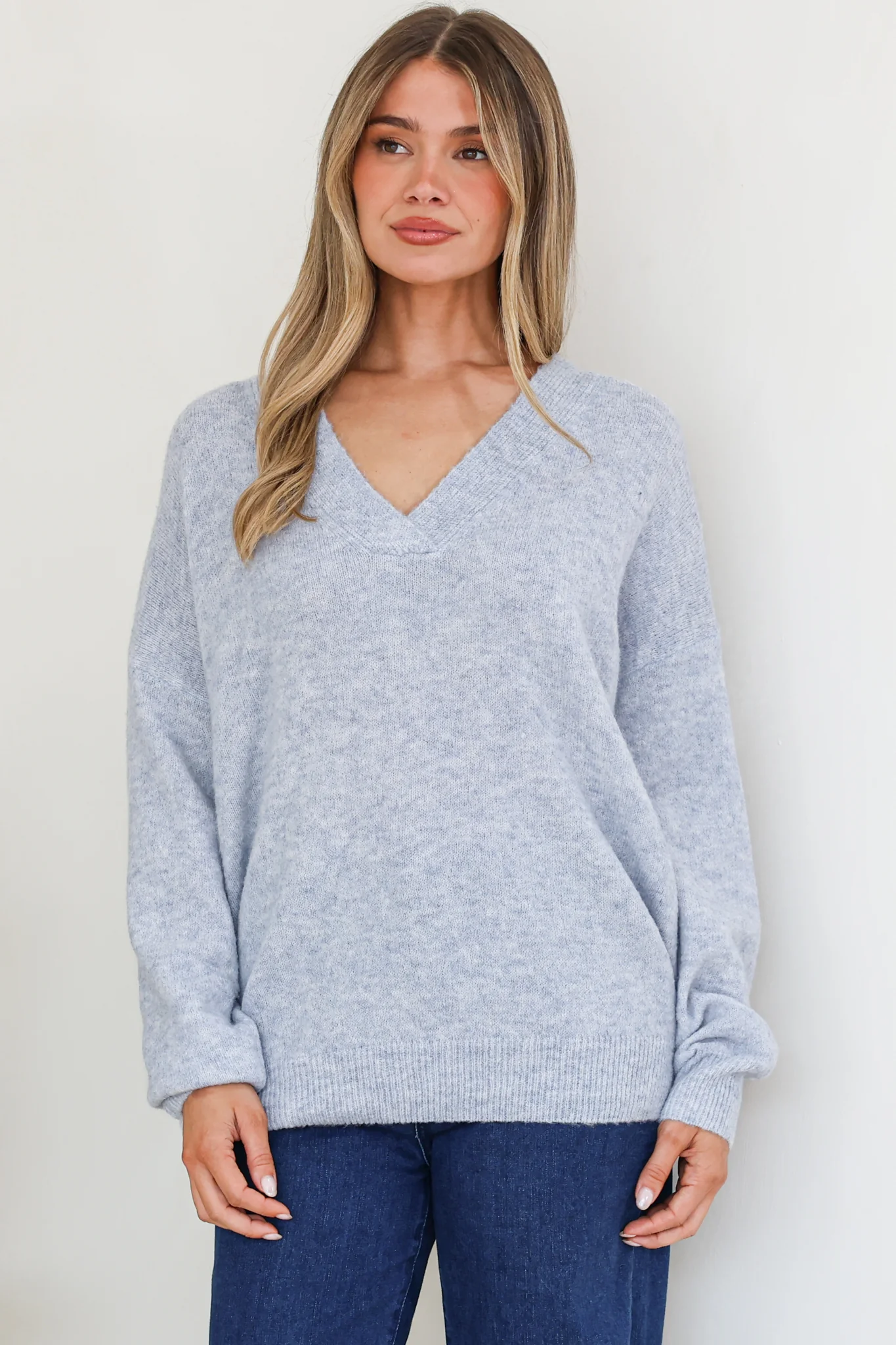 Donoven Jumper - V Neck Lightweight Knit with Ribbed Hemlines in Light Denim Blue - Image 3