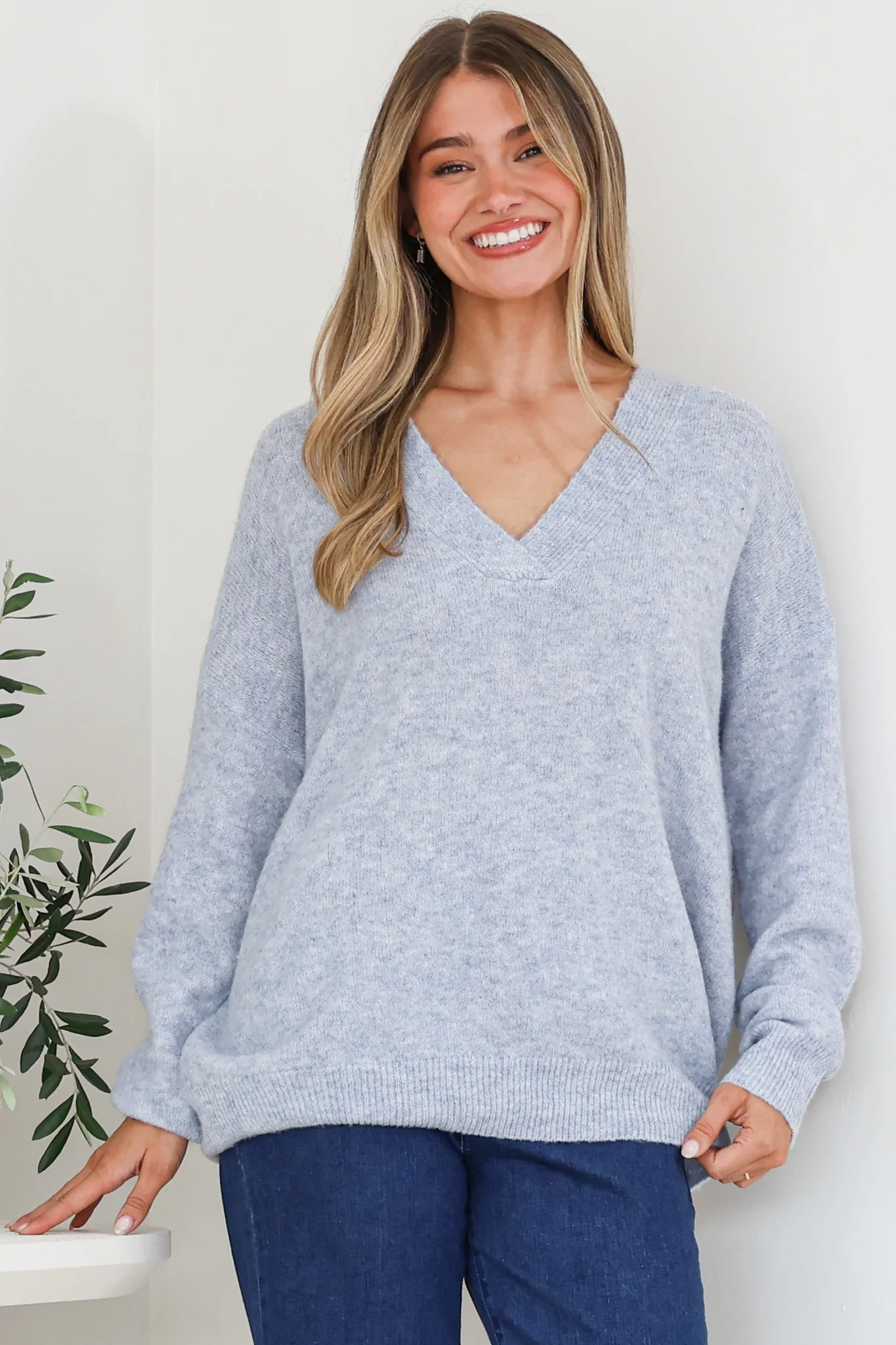 Donoven Jumper - V Neck Lightweight Knit with Ribbed Hemlines in Light Denim Blue - Image 6