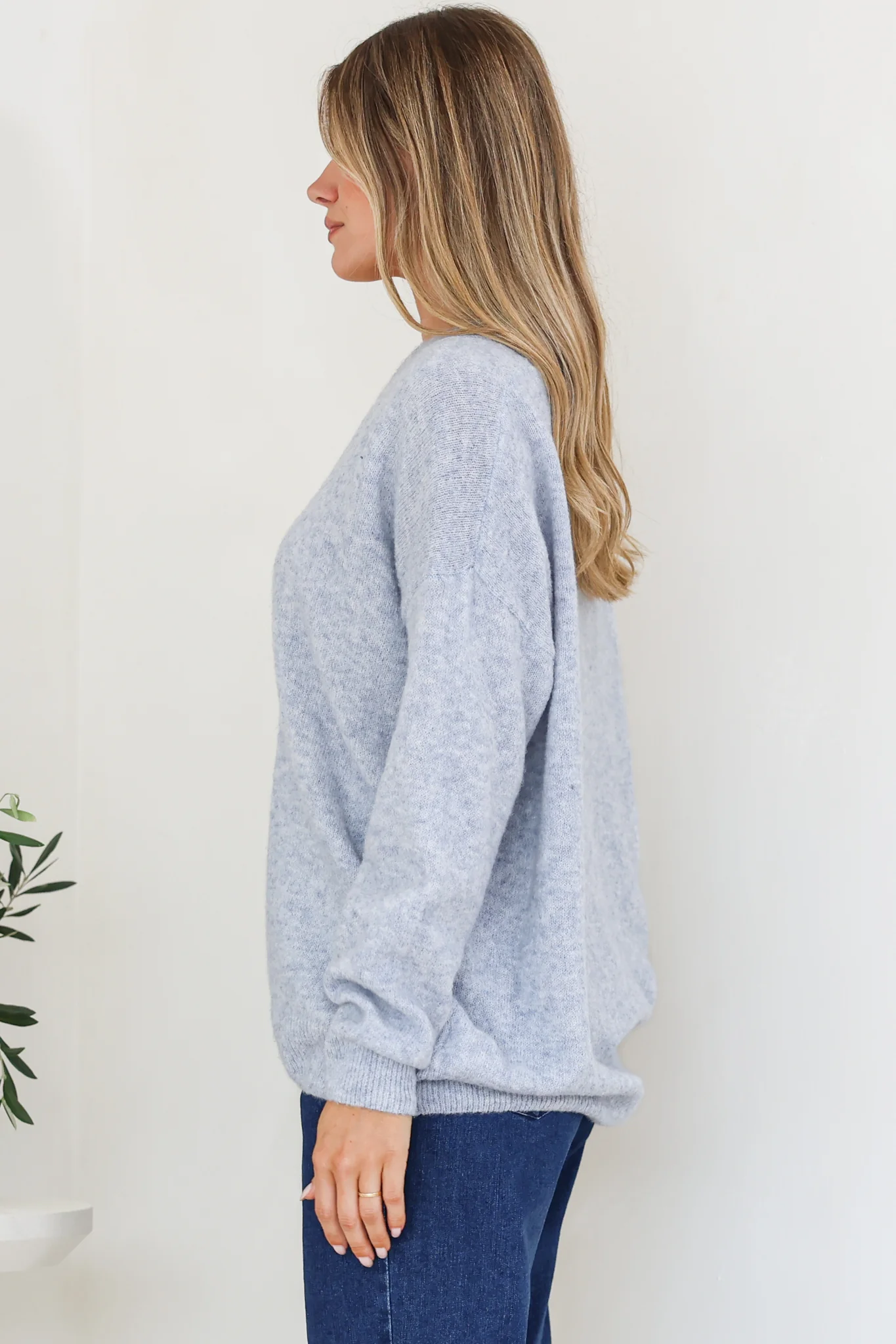 Donoven Jumper - V Neck Lightweight Knit with Ribbed Hemlines in Light Denim Blue - Image 7