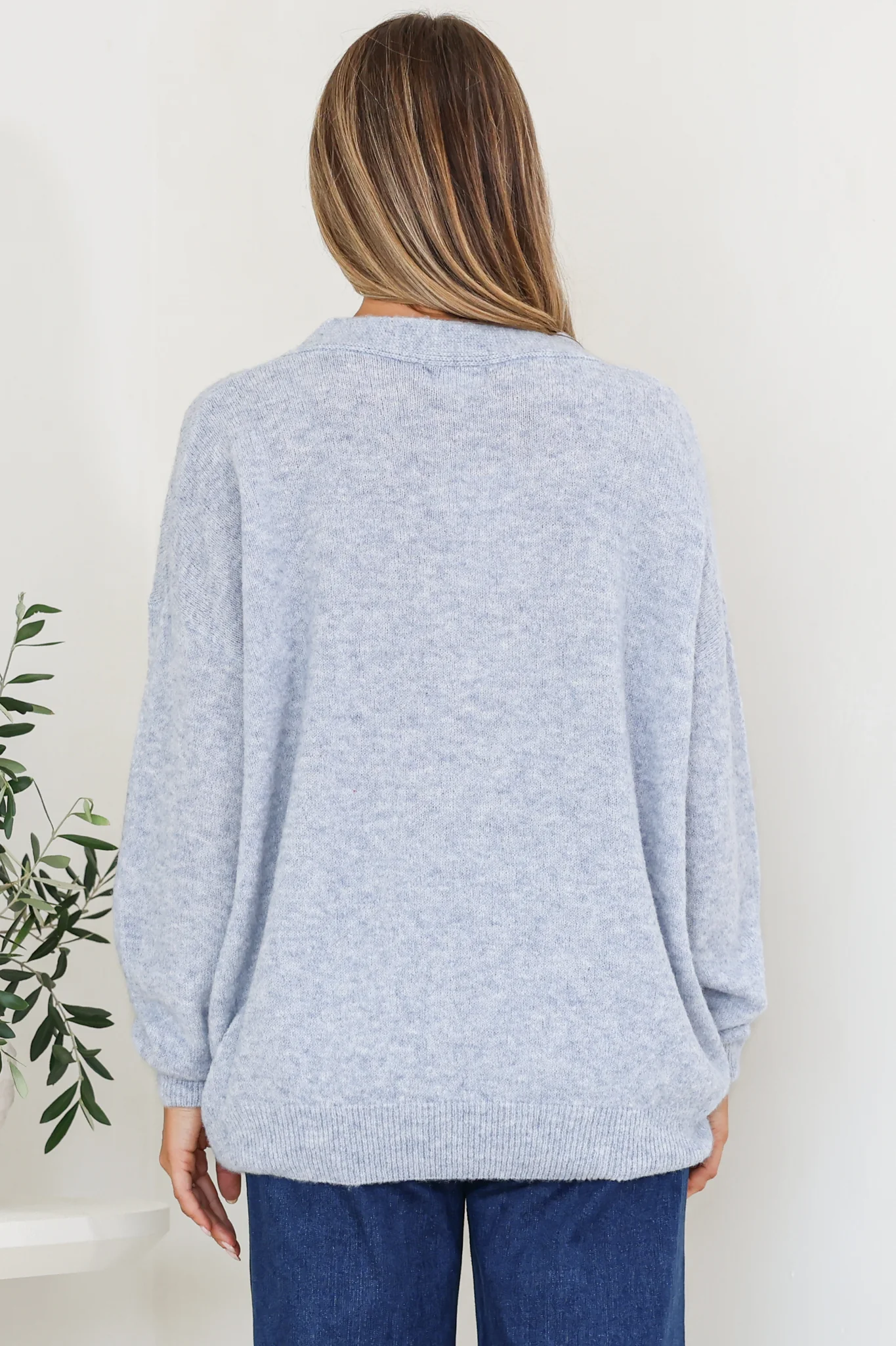 Donoven Jumper - V Neck Lightweight Knit with Ribbed Hemlines in Light Denim Blue - Image 8
