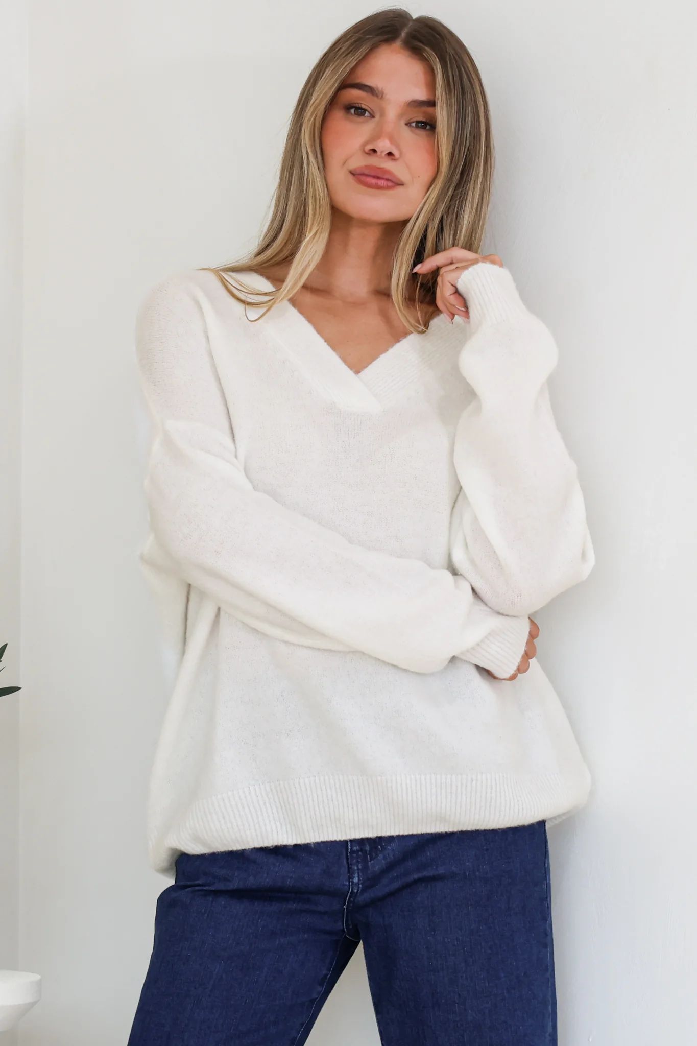 Donoven Jumper - V Neck Lightweight Knit with Ribbed Hemlines in Off White - Image 2