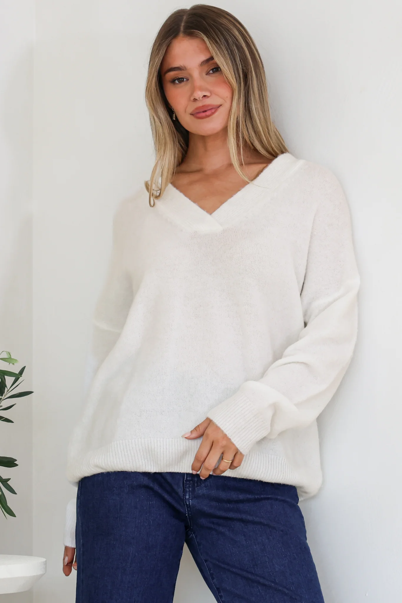Donoven Jumper - V Neck Lightweight Knit with Ribbed Hemlines in Off White - Image 4