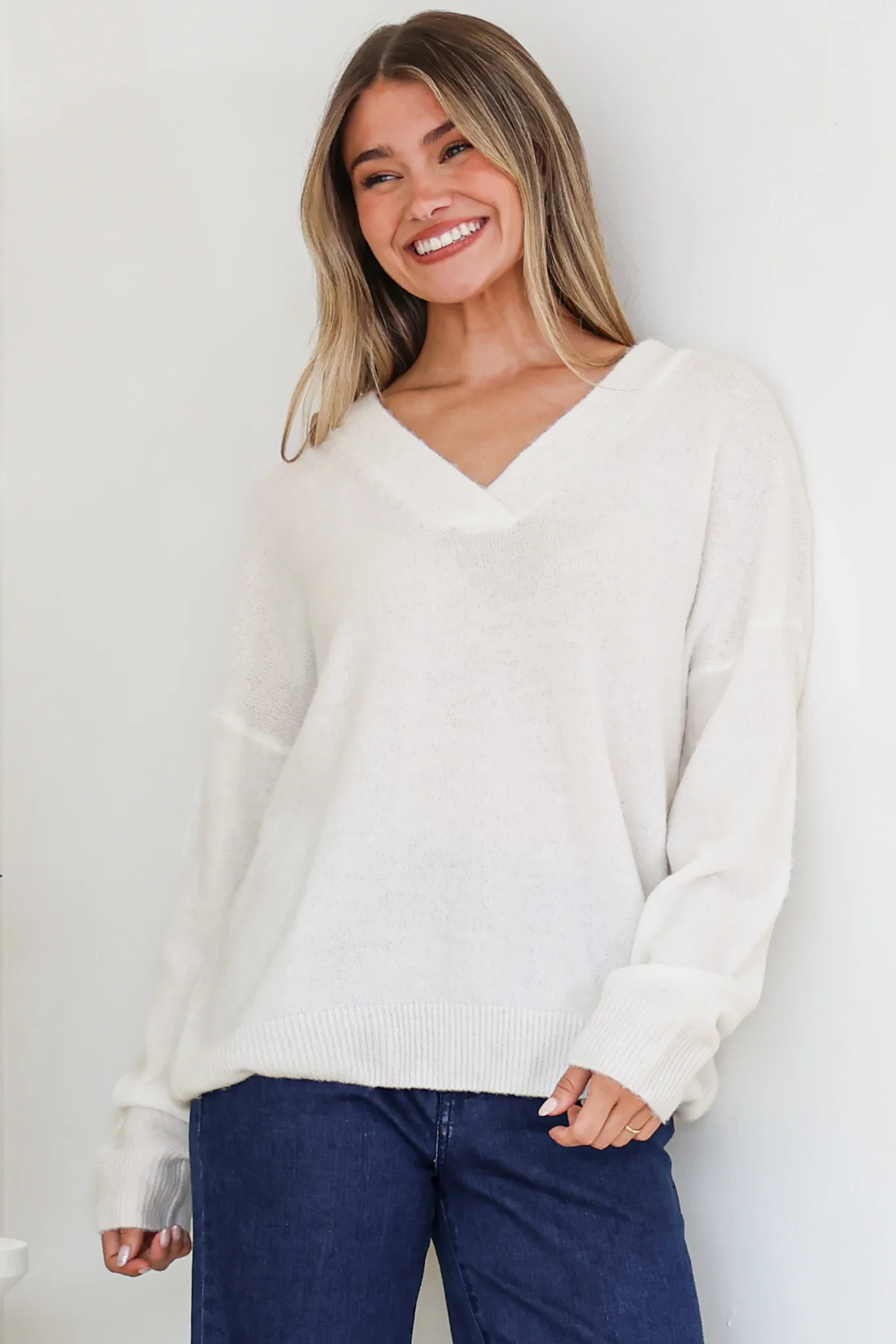 Donoven Jumper - V Neck Lightweight Knit with Ribbed Hemlines in Off White - Image 6