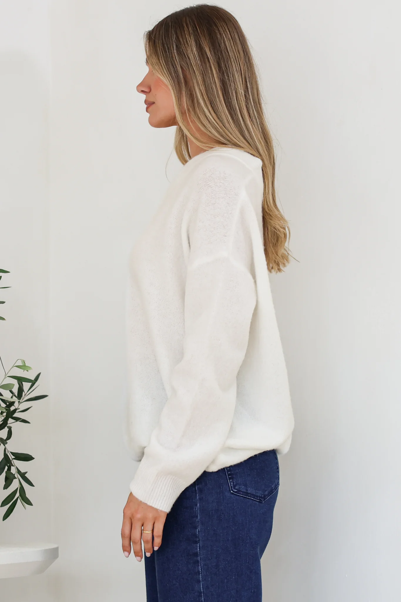 Donoven Jumper - V Neck Lightweight Knit with Ribbed Hemlines in Off White - Image 7