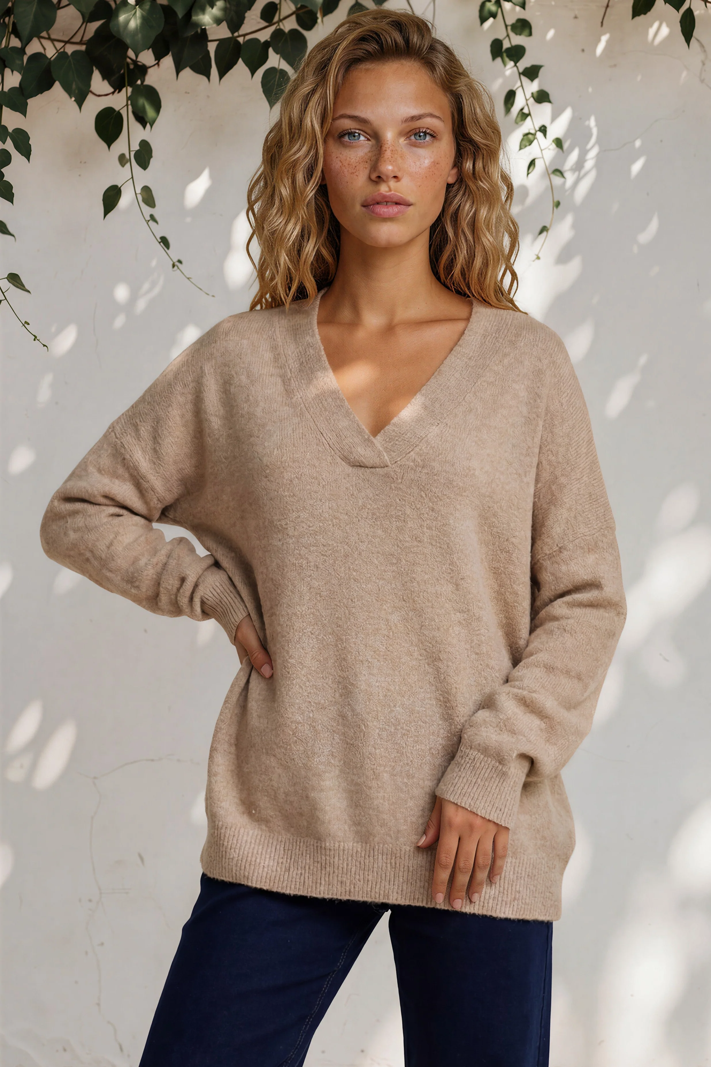 Donoven Jumper - V Neck Lightweight Knit with Ribbed Hemlines in Sand - Image 2