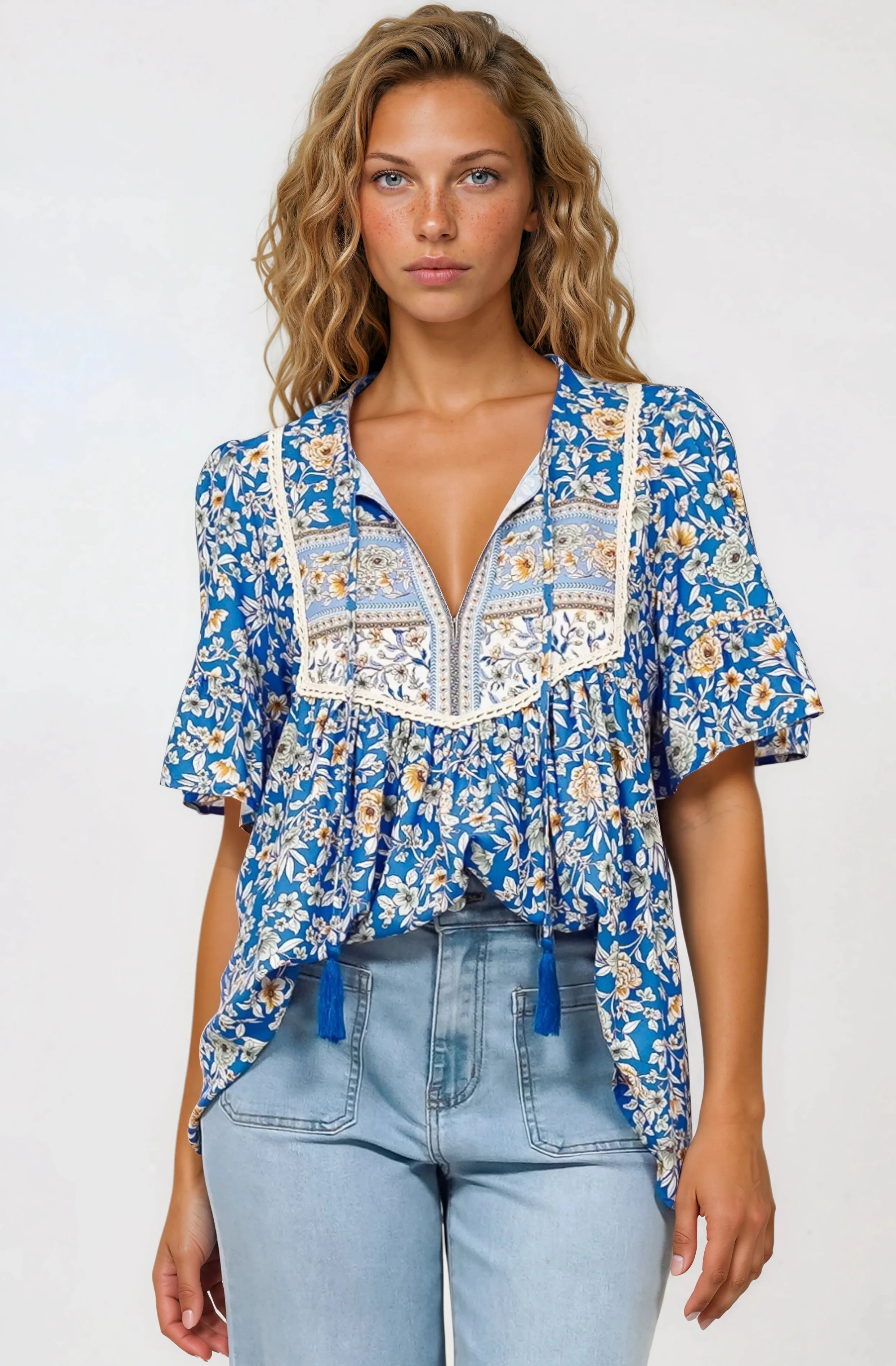 Dove Top - Relaxed Yoke Bodice Pull Over with Short Sleeves in Wynona Print Blue - Image 2