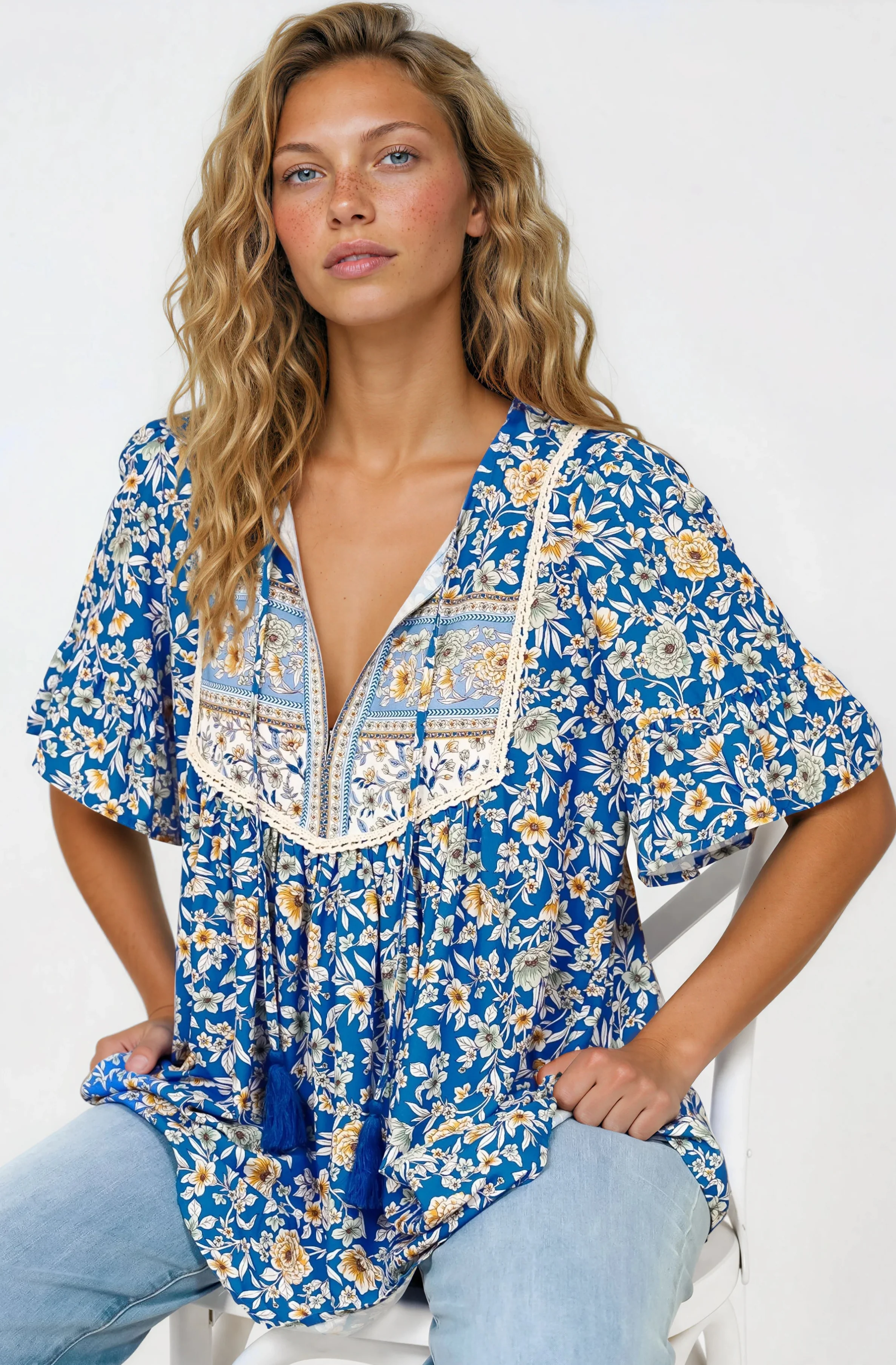 Dove Top - Relaxed Yoke Bodice Pull Over with Short Sleeves in Wynona Print Blue - Image 3