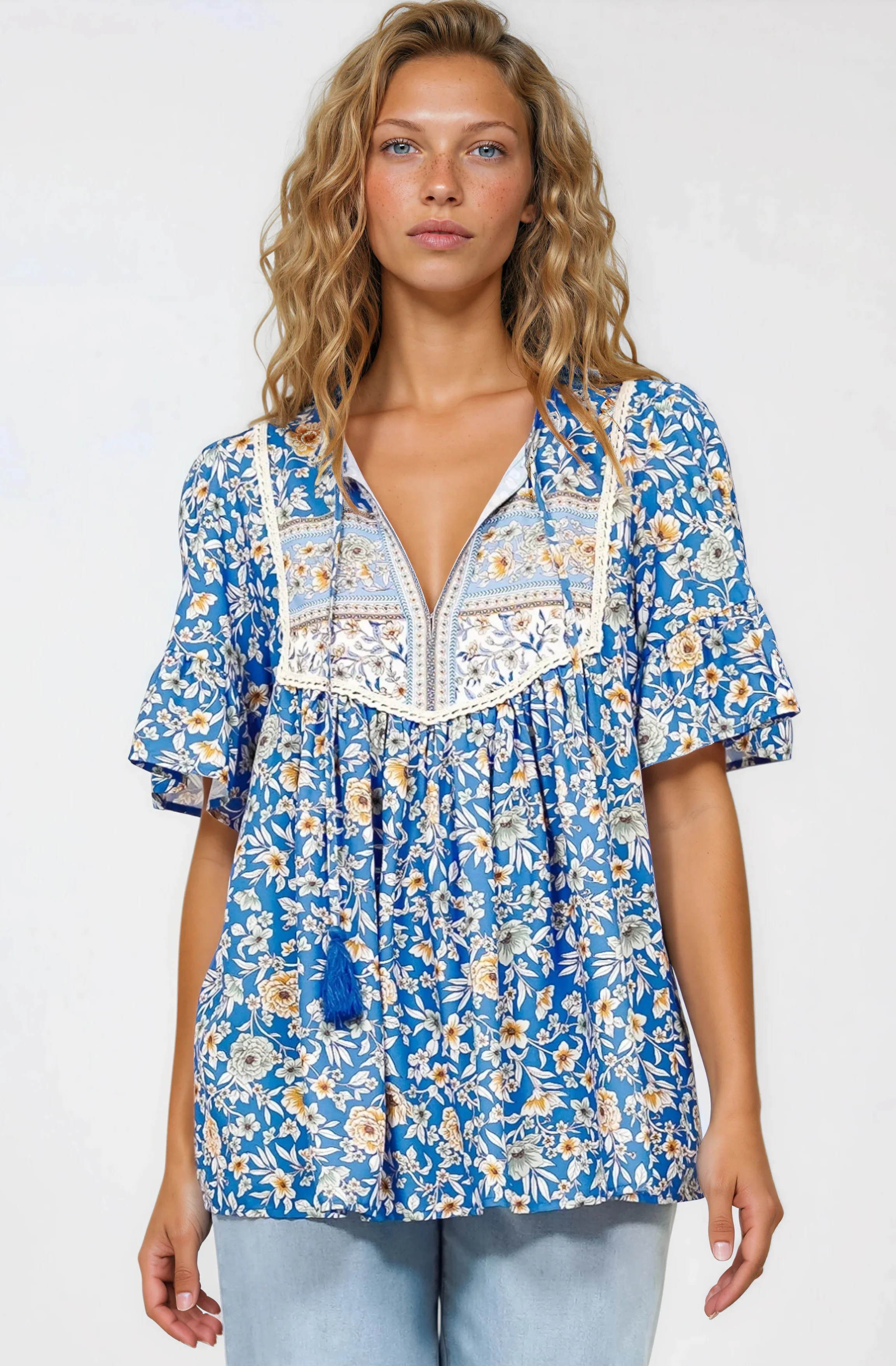 Dove Top - Relaxed Yoke Bodice Pull Over with Short Sleeves in Wynona Print Blue - Image 5