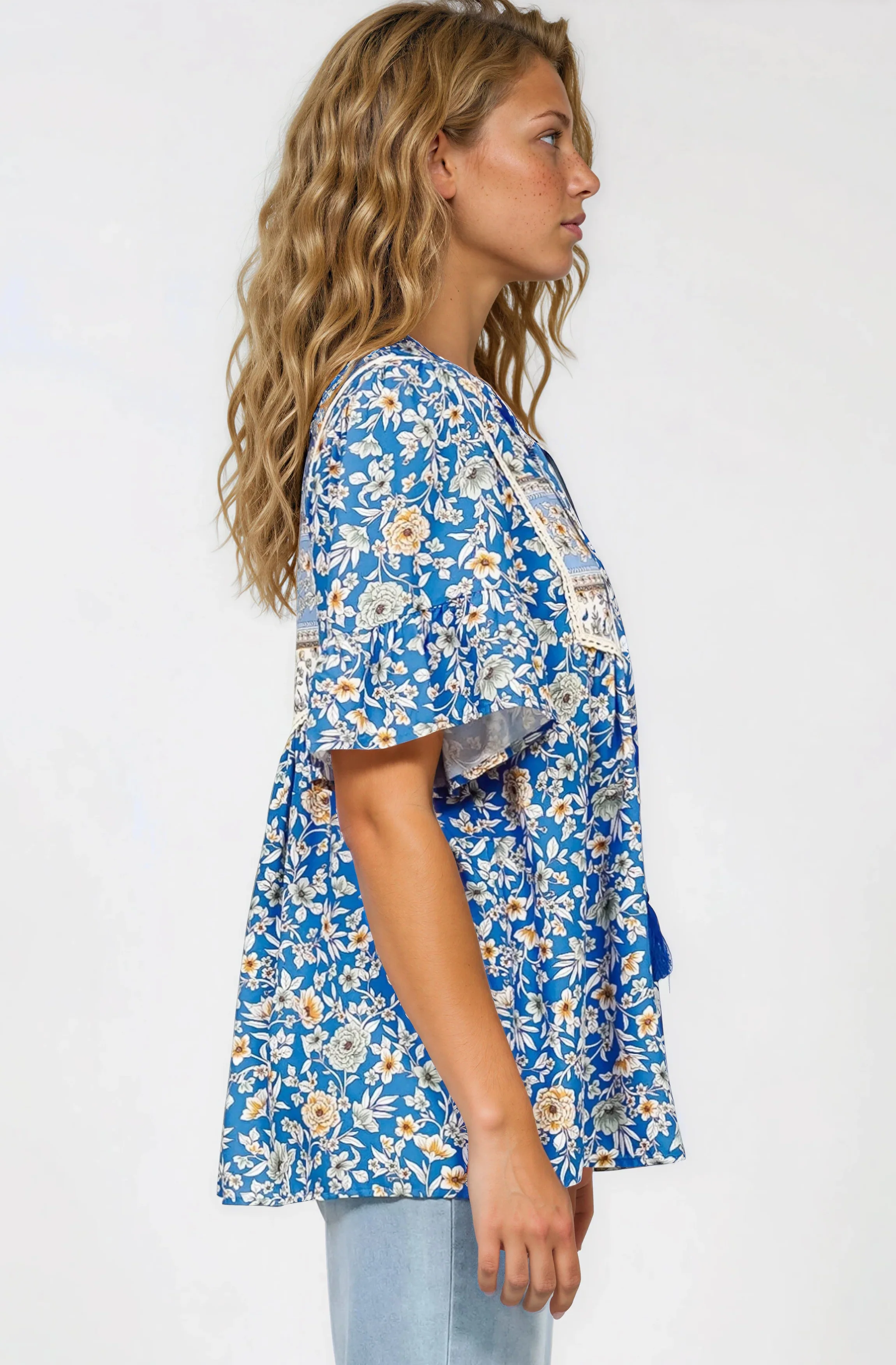 Dove Top - Relaxed Yoke Bodice Pull Over with Short Sleeves in Wynona Print Blue - Image 6