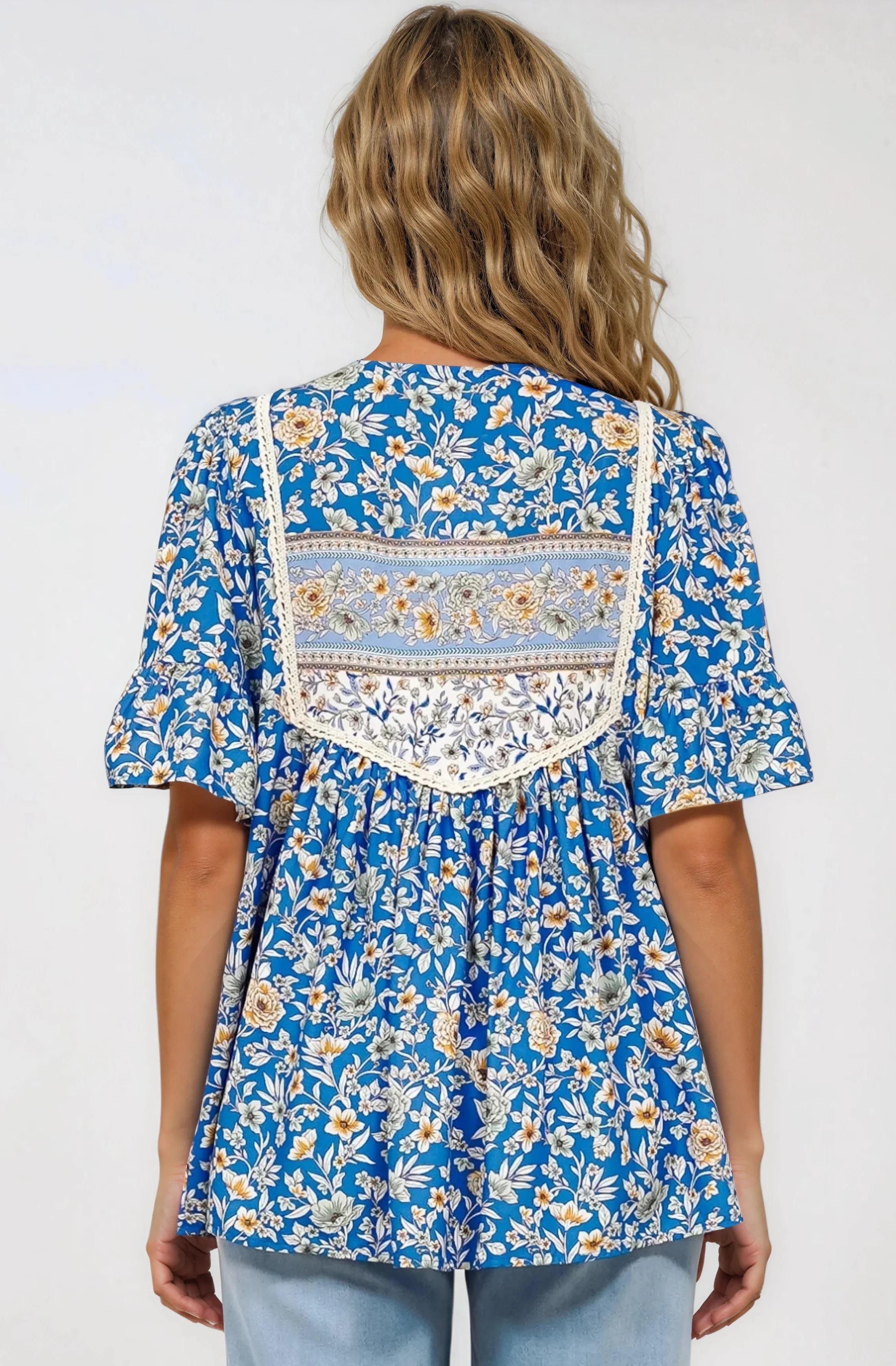 Dove Top - Relaxed Yoke Bodice Pull Over with Short Sleeves in Wynona Print Blue - Image 7