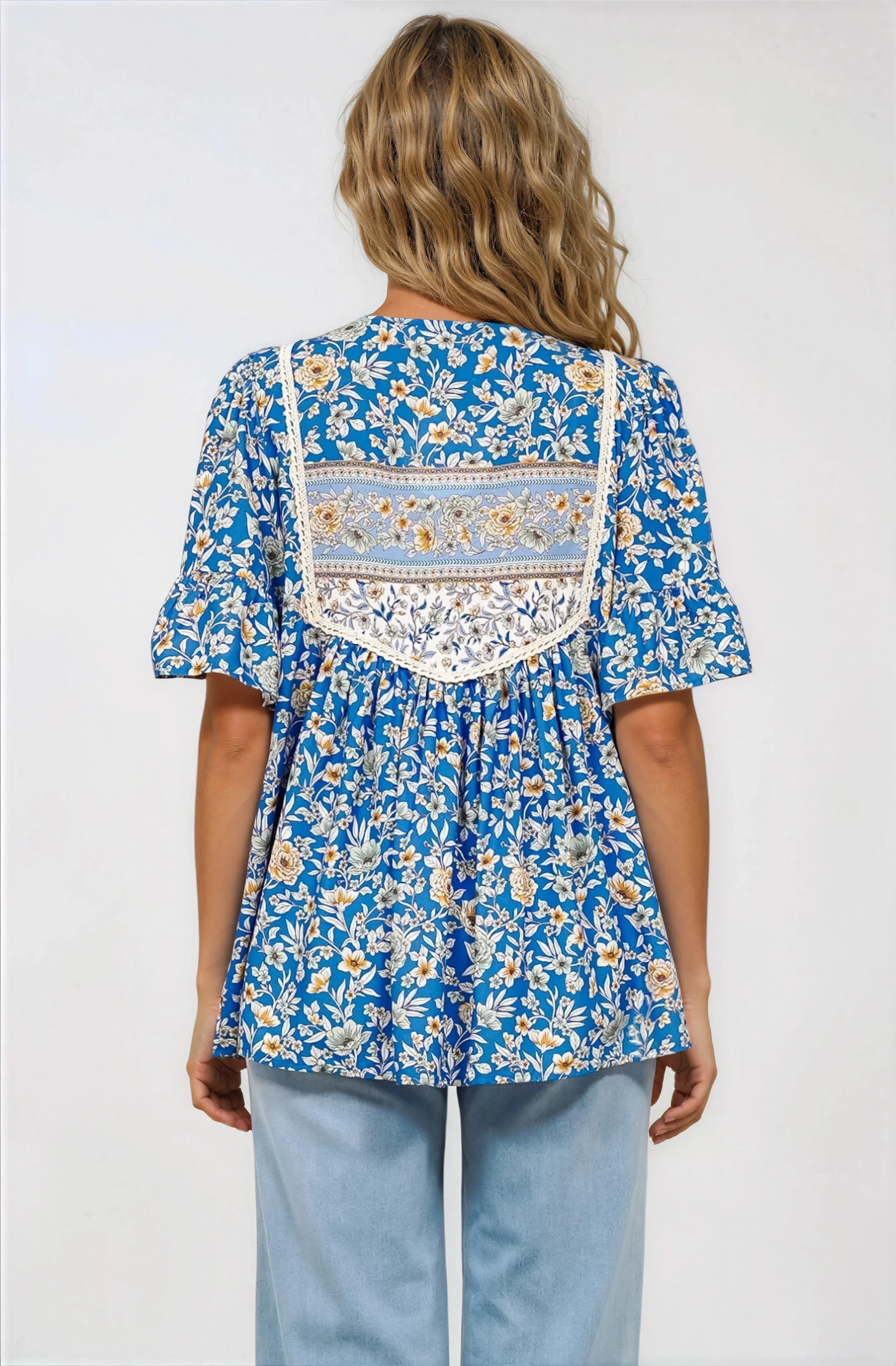 Dove Top - Relaxed Yoke Bodice Pull Over with Short Sleeves in Wynona Print Blue - Image 8