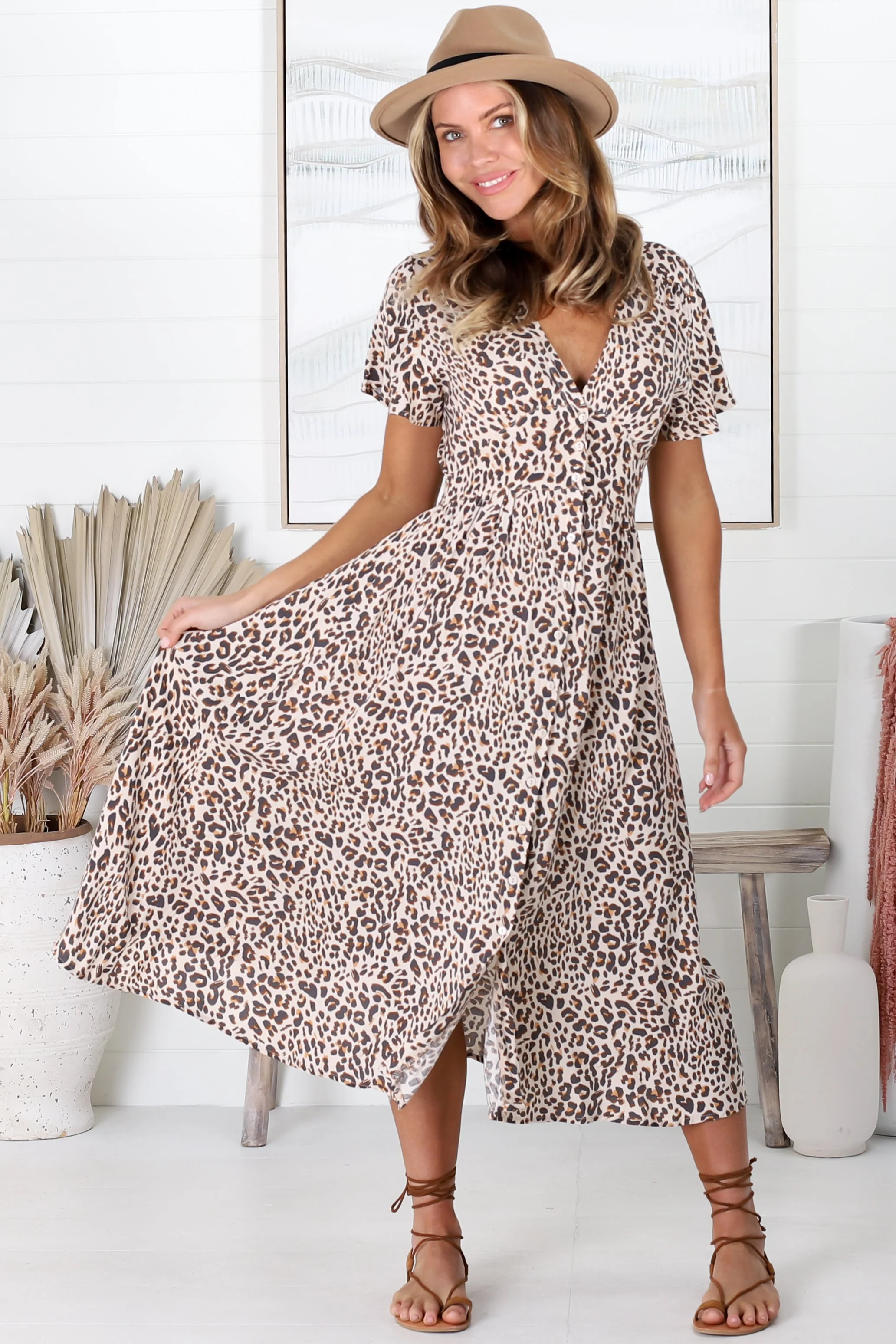 Drielly Midi Dress - Flutter Cap Sleeve Button Down Dress in Perrie Print - Image 11