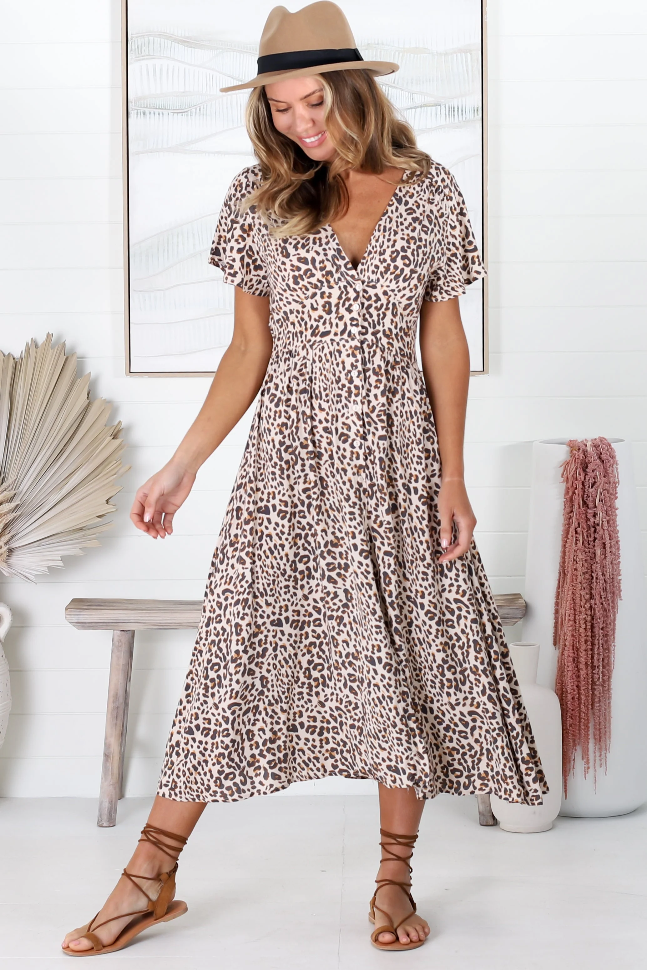 Drielly Midi Dress - Flutter Cap Sleeve Button Down Dress in Perrie Print - Image 14
