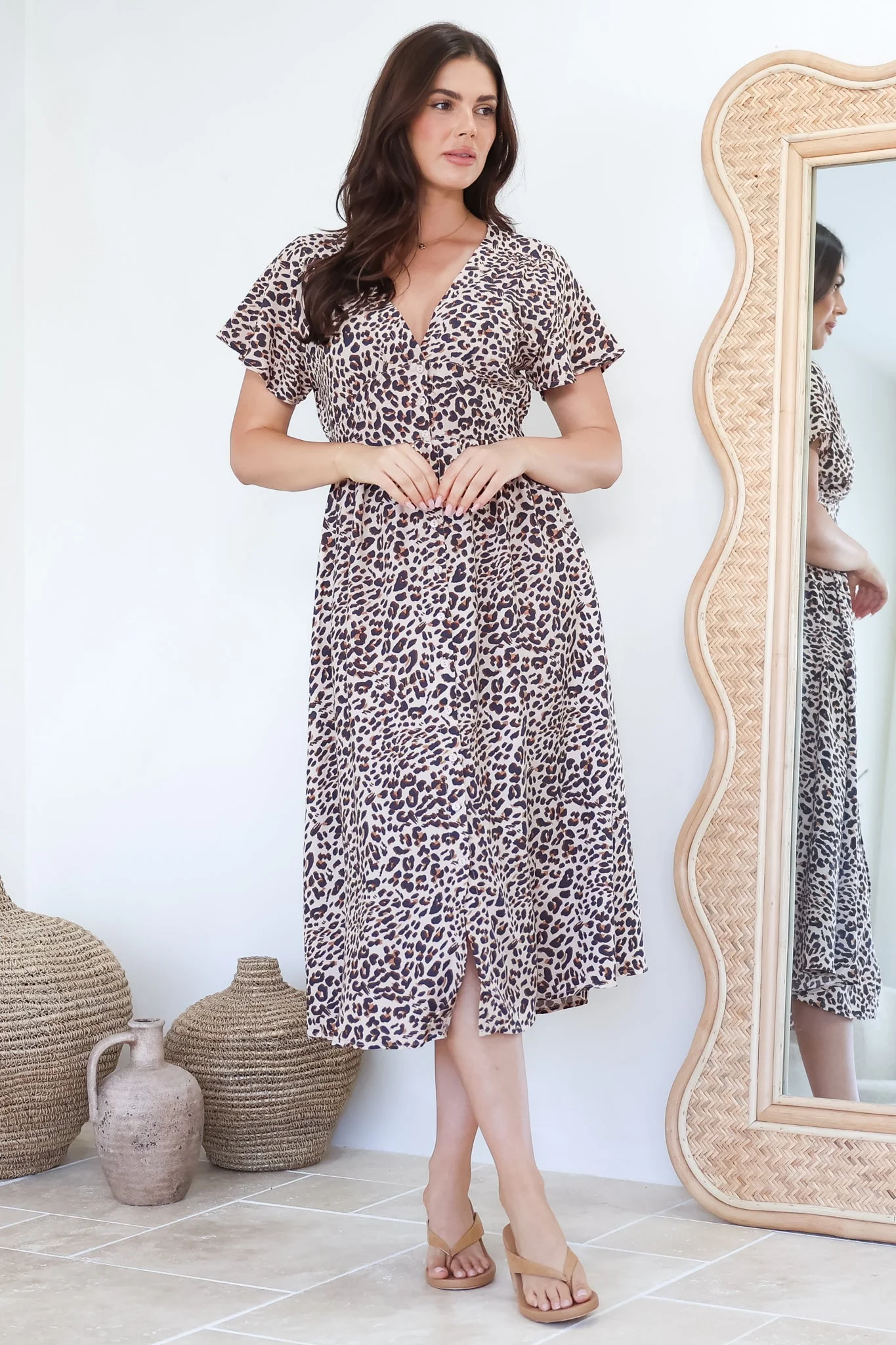 Drielly Midi Dress - Flutter Cap Sleeve Button Down Dress in Perrie Print - Image 3