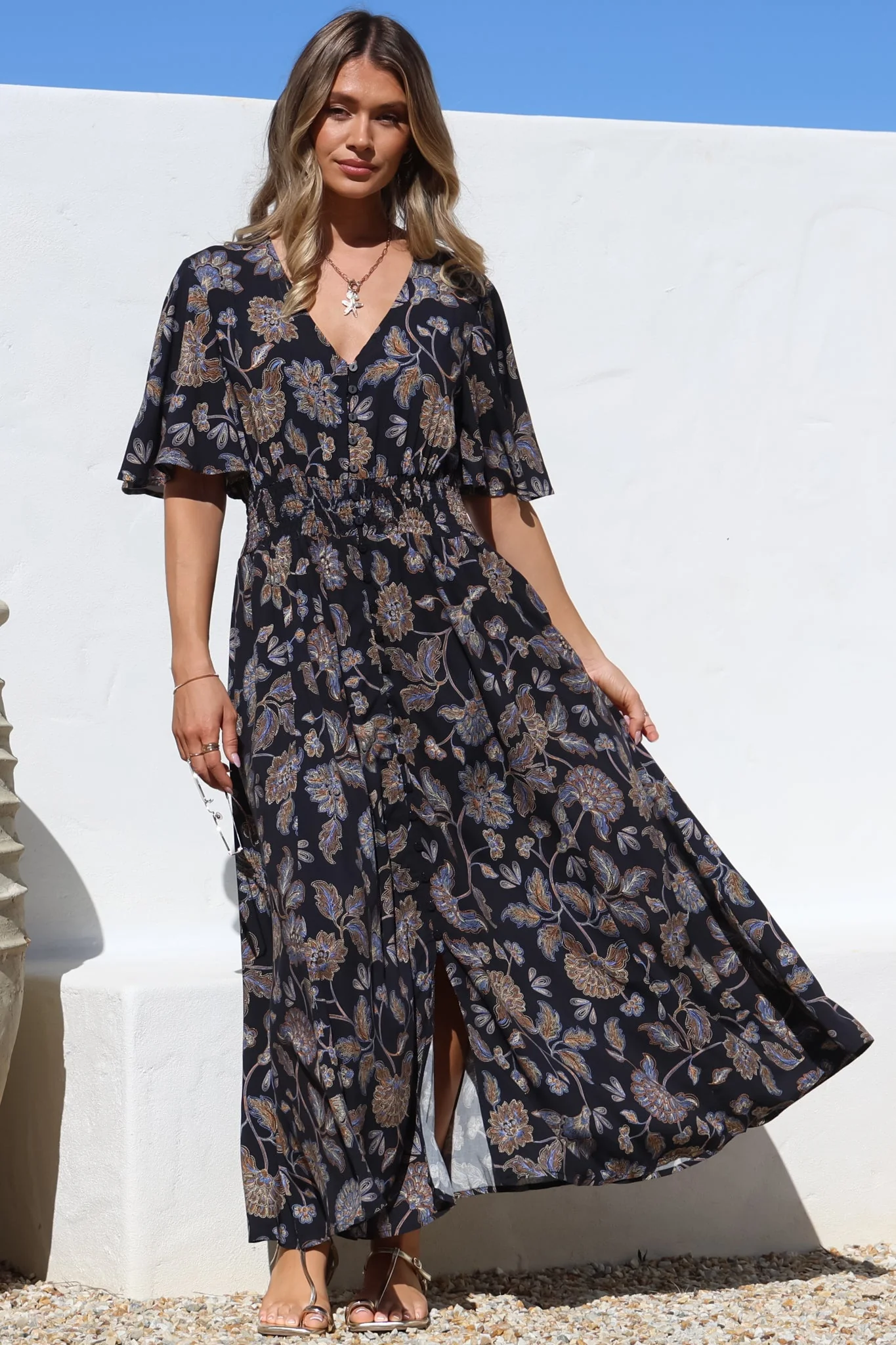 Dulcie Maxi Dress - Cape Sleeve Button-Down Maxi with Pockets in Enchanted Ink Print - Image 4