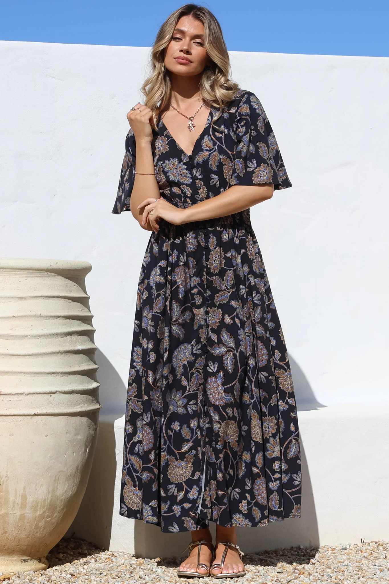 Dulcie Maxi Dress - Cape Sleeve Button-Down Maxi with Pockets in Enchanted Ink Print - Image 5