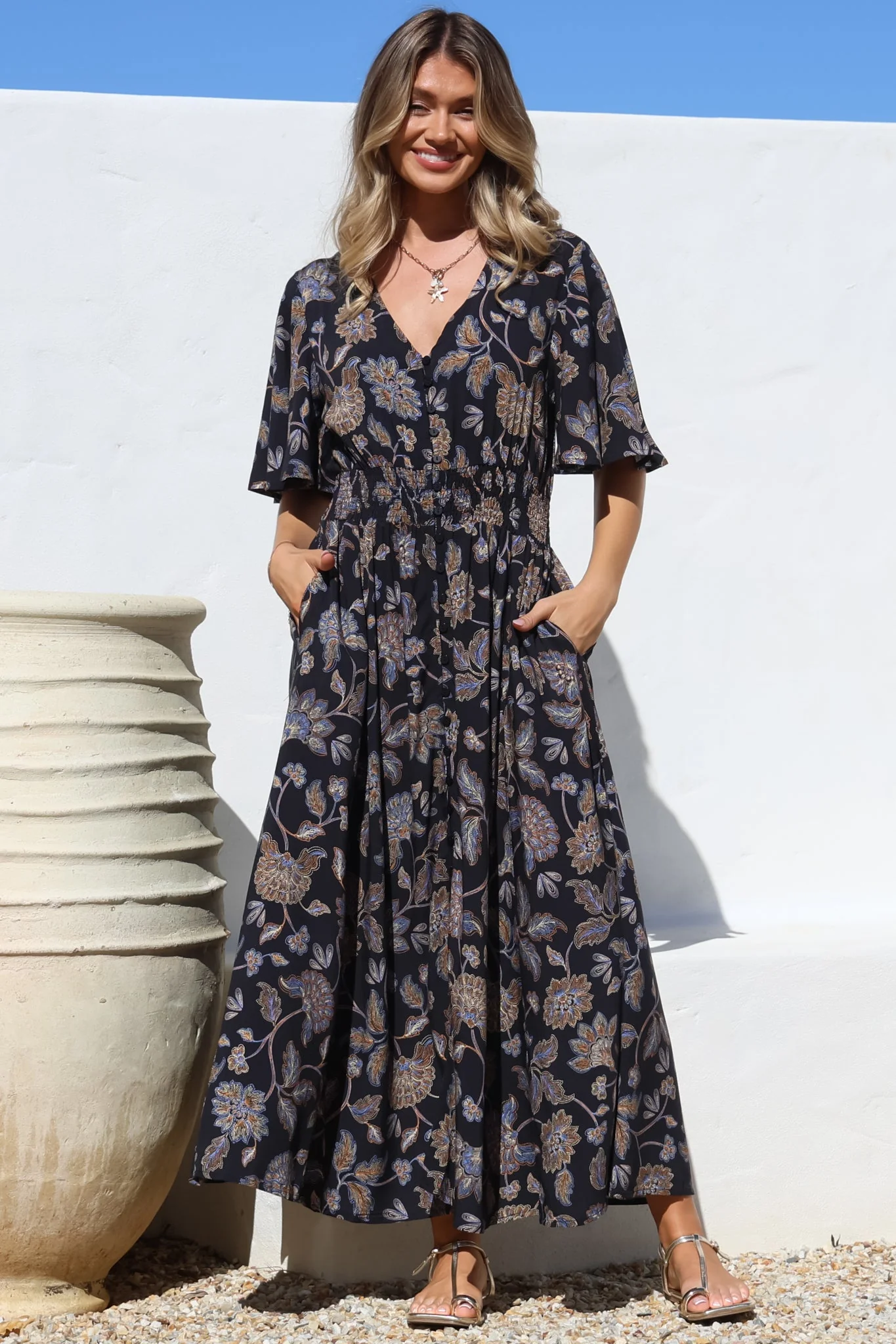 Dulcie Maxi Dress - Cape Sleeve Button-Down Maxi with Pockets in Enchanted Ink Print - Image 8