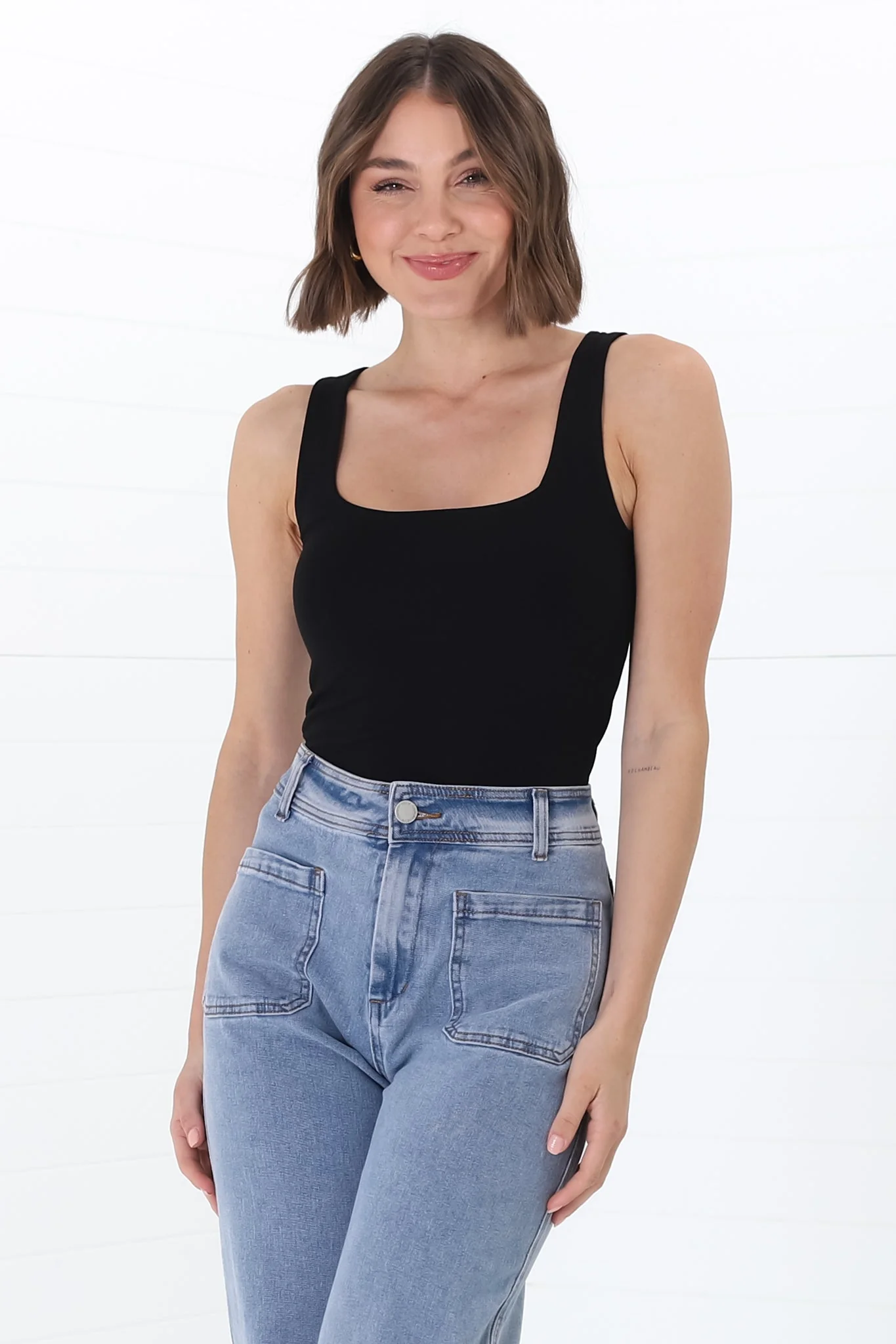 Edie Singlet - Square Neckline Double Layered Singlet in Black - Image 3