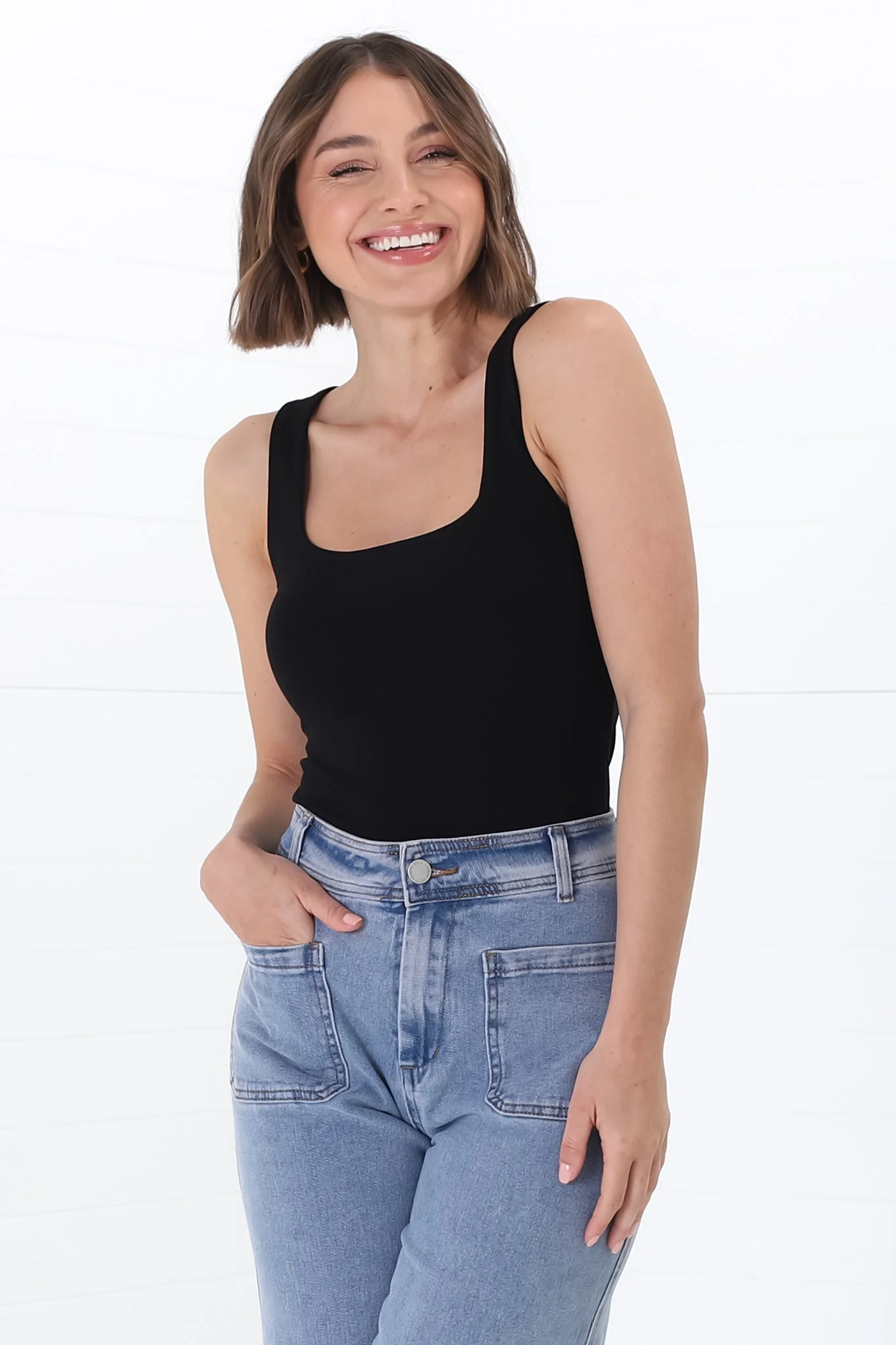 Edie Singlet - Square Neckline Double Layered Singlet in Black - Image 5