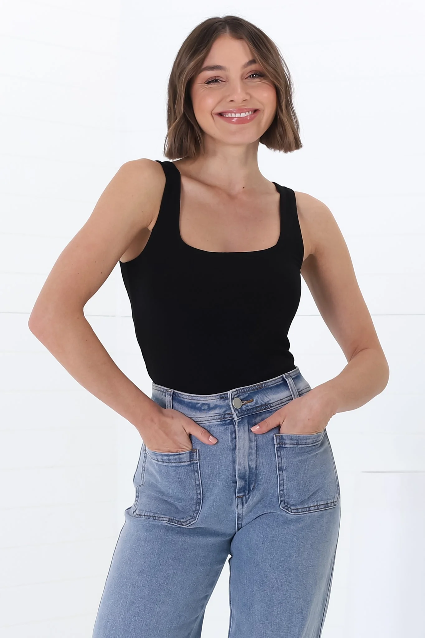 Edie Singlet - Square Neckline Double Layered Singlet in Black - Image 6