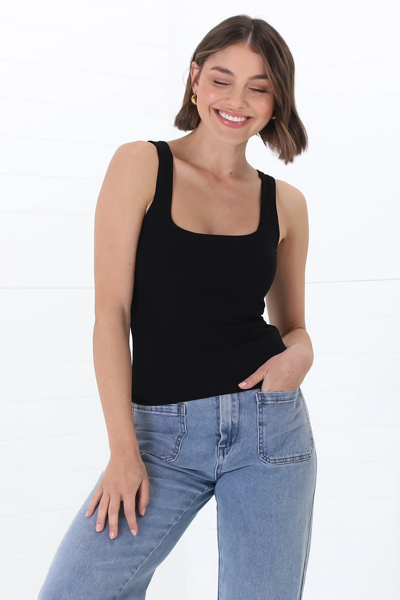Edie Singlet - Square Neckline Double Layered Singlet in Black - Image 7