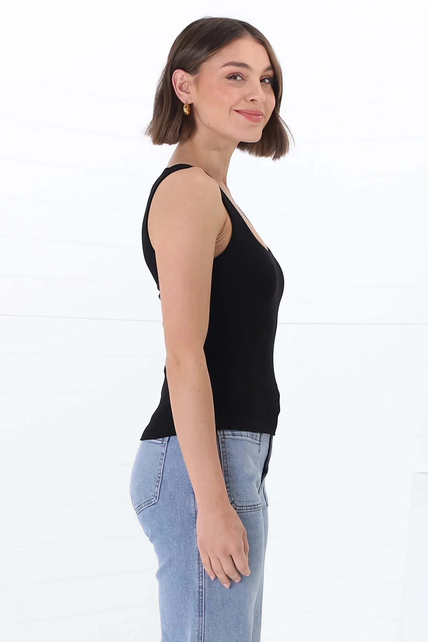Edie Singlet - Square Neckline Double Layered Singlet in Black - Image 9