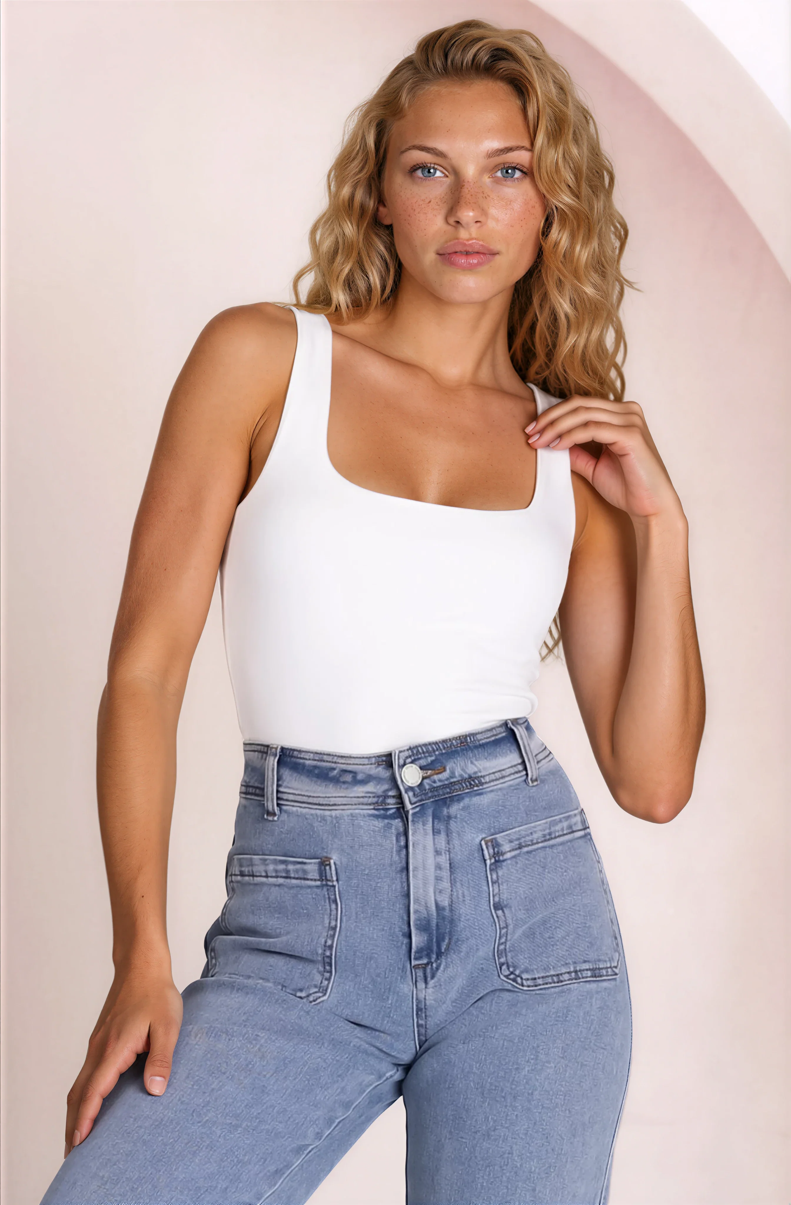 Edie Singlet - Square Neckline Double Layered Singlet in White - Image 3