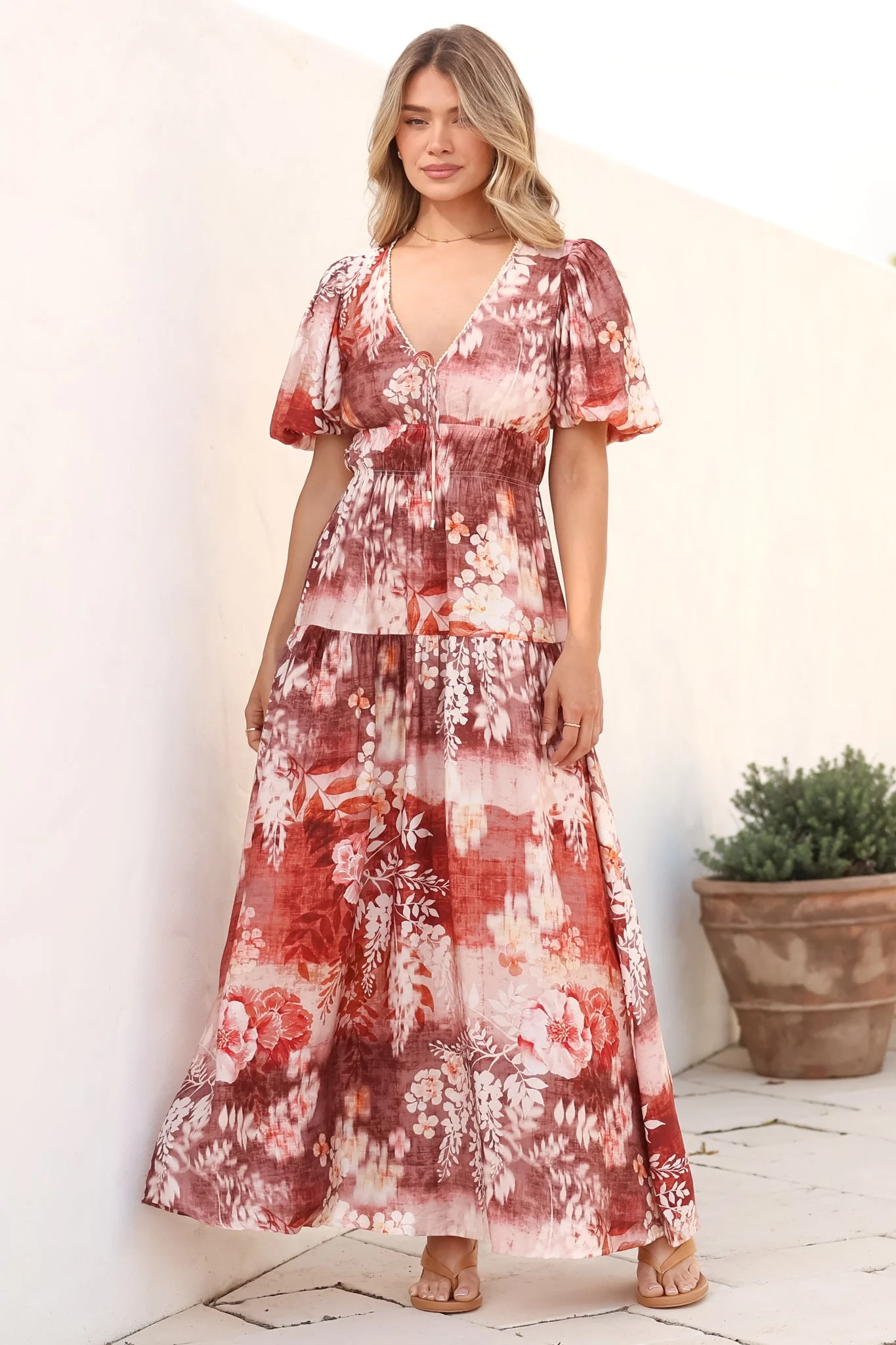 Elahe Maxi Dress - V Neck Tiered A-Line Dress with Puff Sleeves in Ashara Print - Image 5