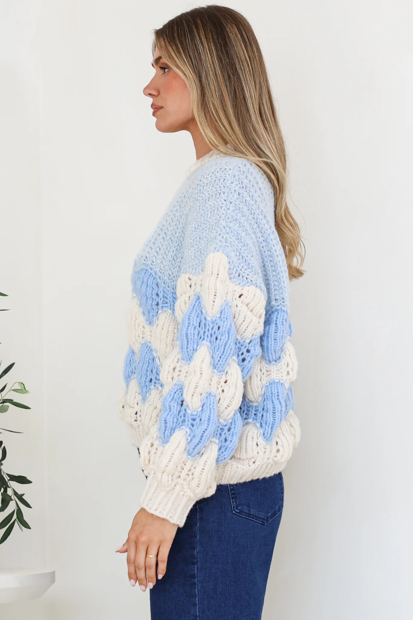 Eleanora Jumper - Crew Neck Bubble Sleeve Stripe Knit Jumper in Blue - Image 5