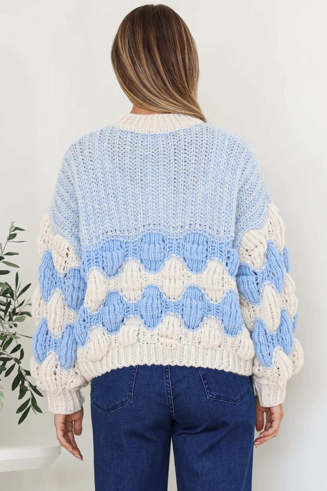 Eleanora Jumper - Crew Neck Bubble Sleeve Stripe Knit Jumper in Blue - Image 6