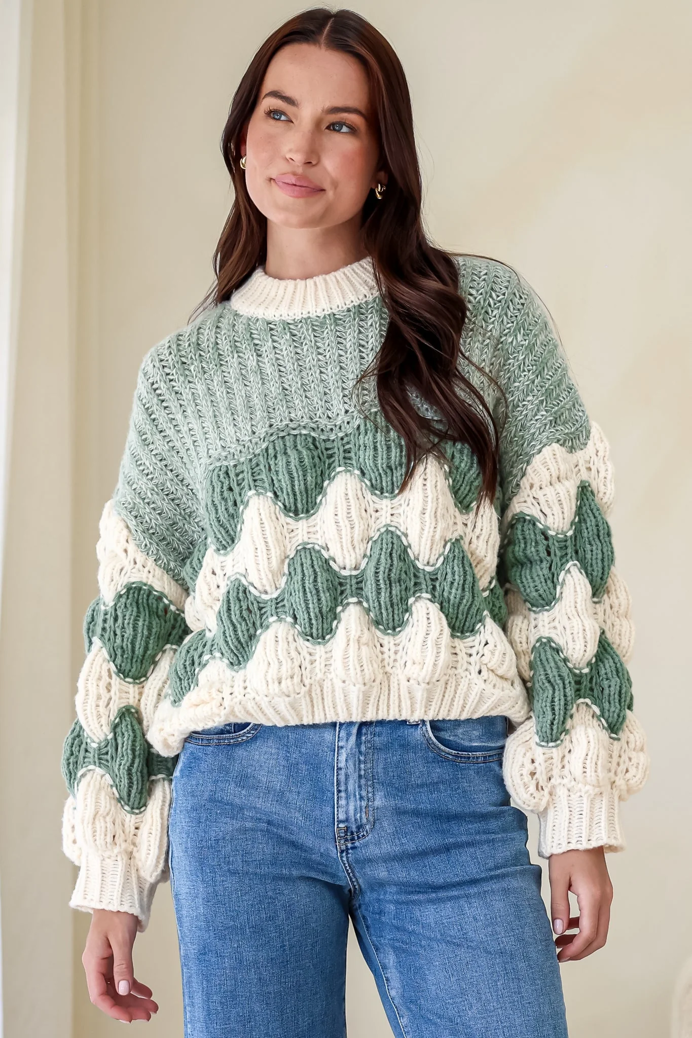 Eleanora Jumper - Crew Neck Bubble Sleeve Stripe Knit Jumper in Green - Image 3
