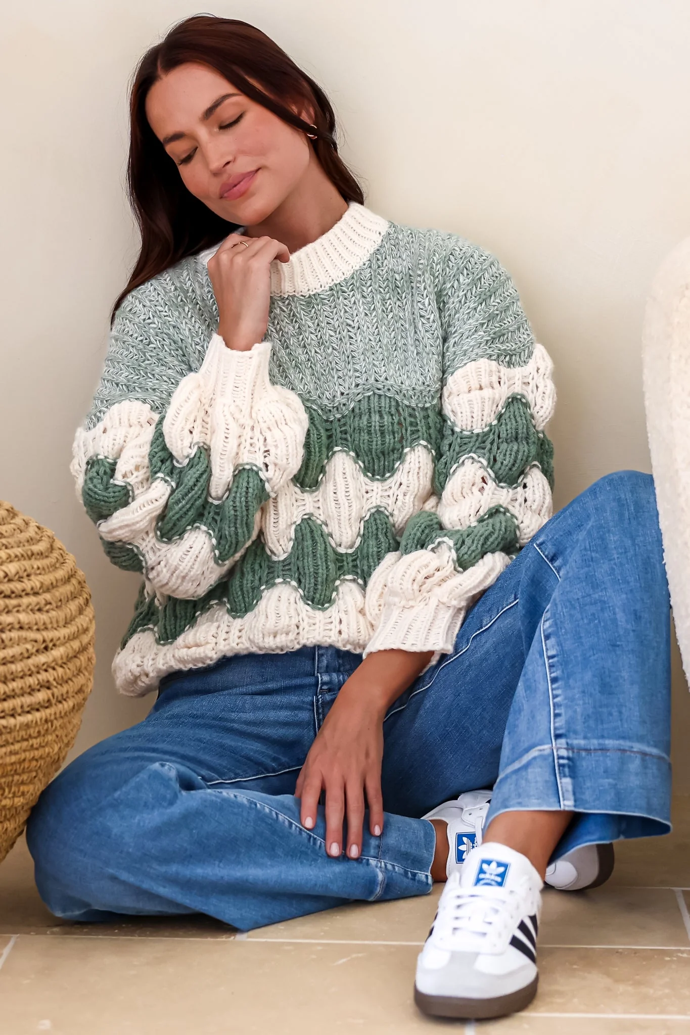 Eleanora Jumper - Crew Neck Bubble Sleeve Stripe Knit Jumper in Green - Image 5