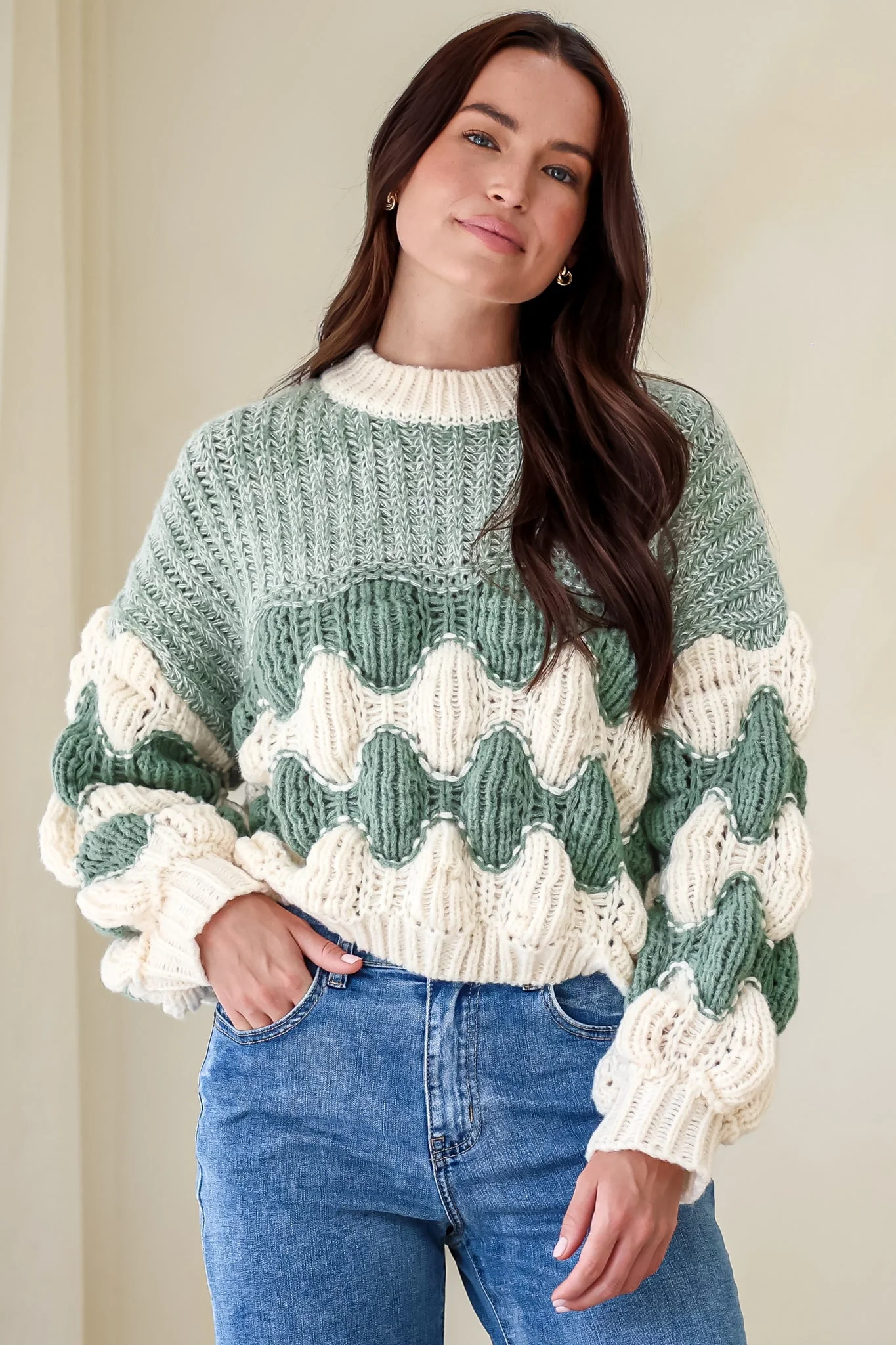 Eleanora Jumper - Crew Neck Bubble Sleeve Stripe Knit Jumper in Green - Image 6