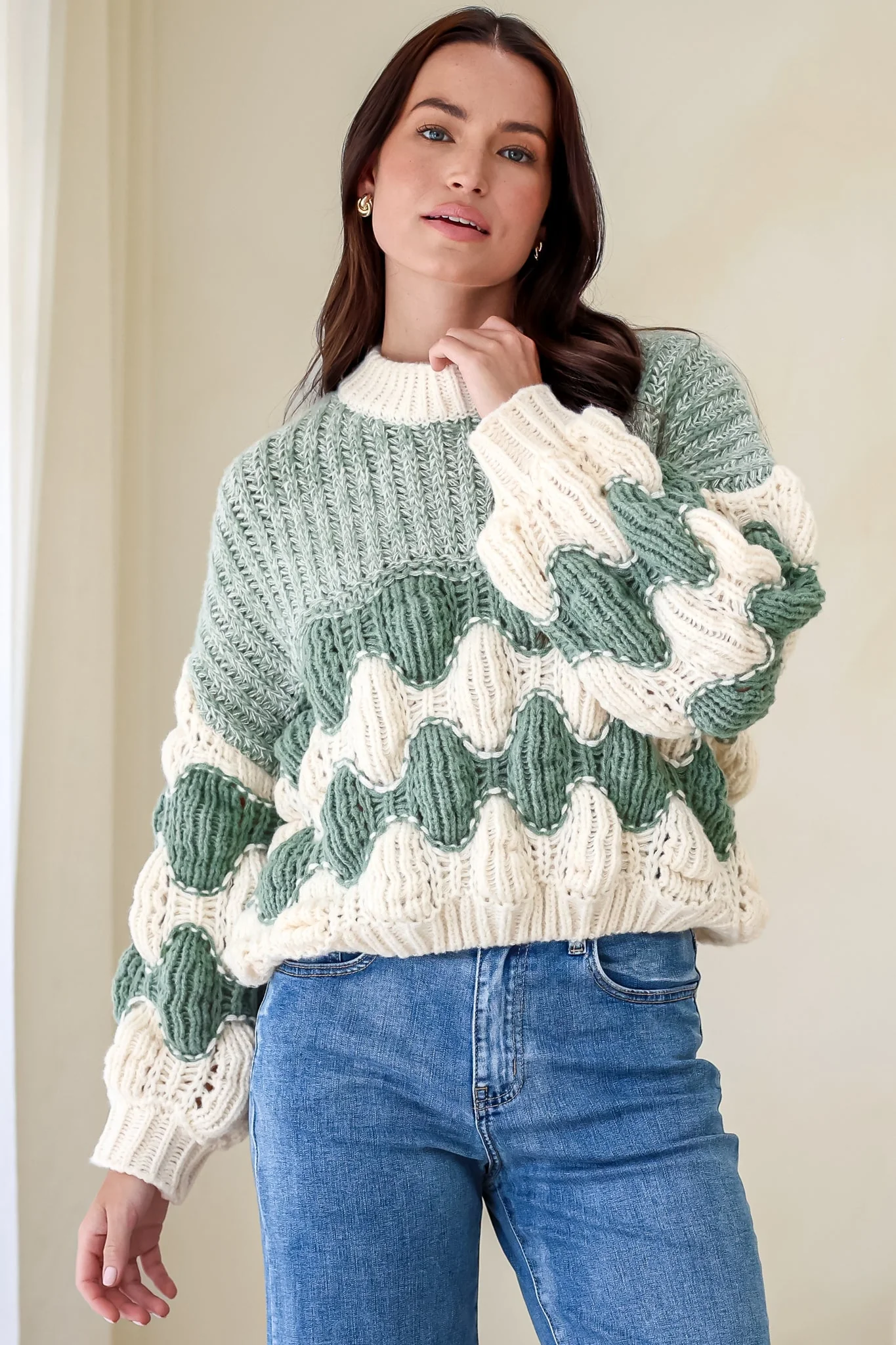 Eleanora Jumper - Crew Neck Bubble Sleeve Stripe Knit Jumper in Green - Image 7