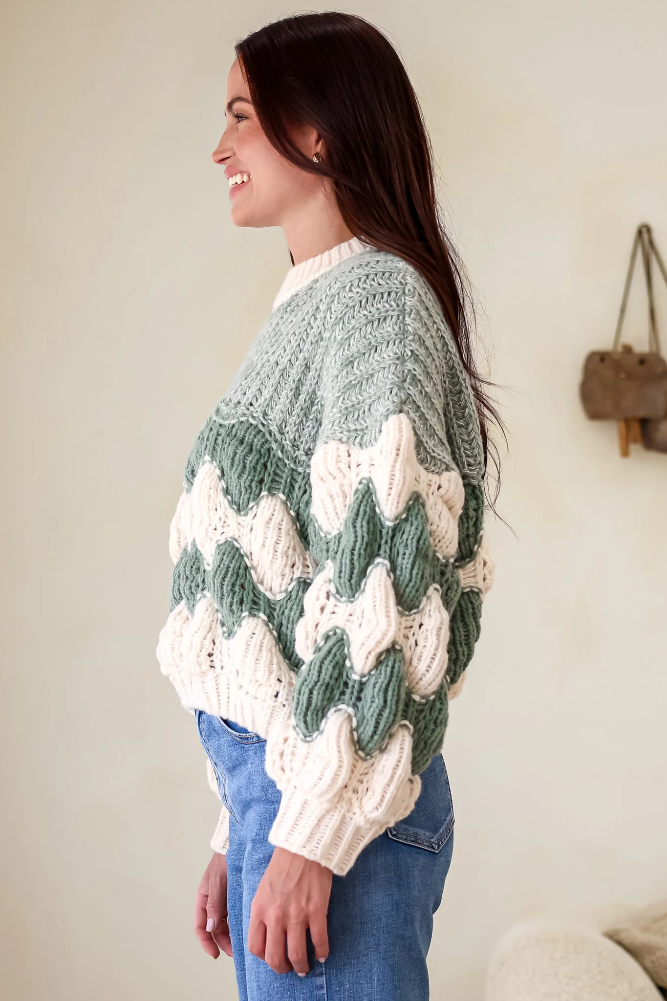 Eleanora Jumper - Crew Neck Bubble Sleeve Stripe Knit Jumper in Green - Image 8