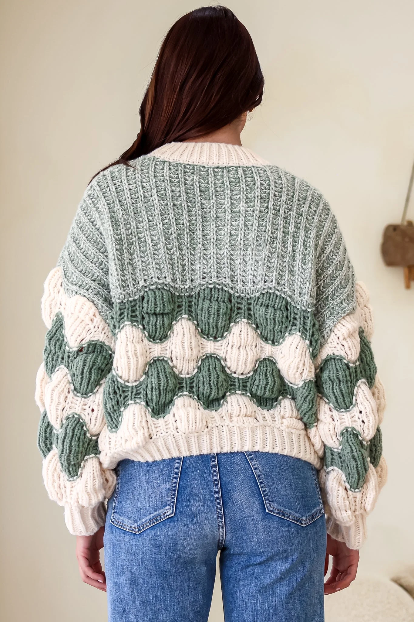 Eleanora Jumper - Crew Neck Bubble Sleeve Stripe Knit Jumper in Green - Image 9