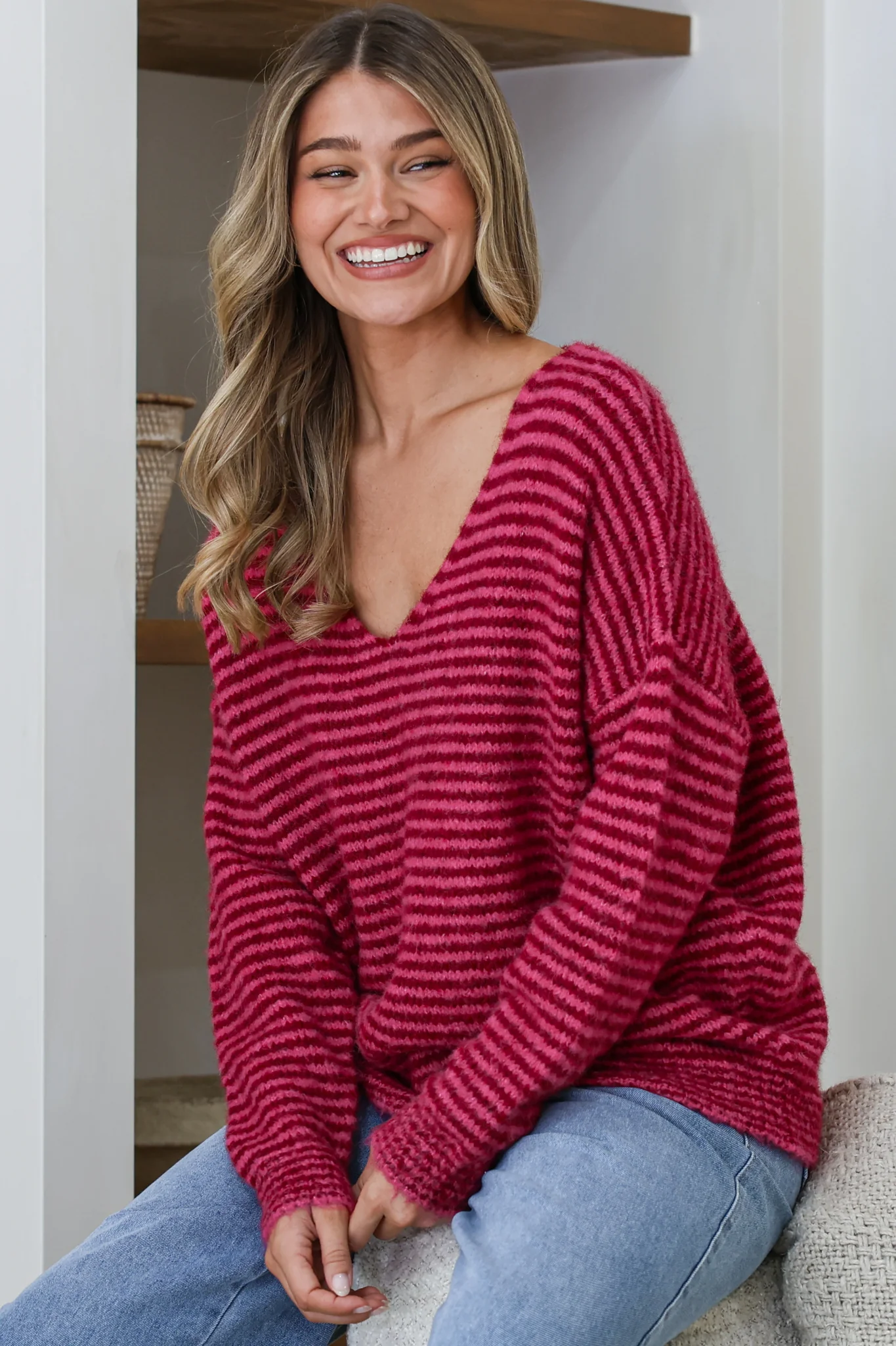 Elena Jumper - V Neck Boxy Batwing Sleeve Knit in Fuchsia - Image 2