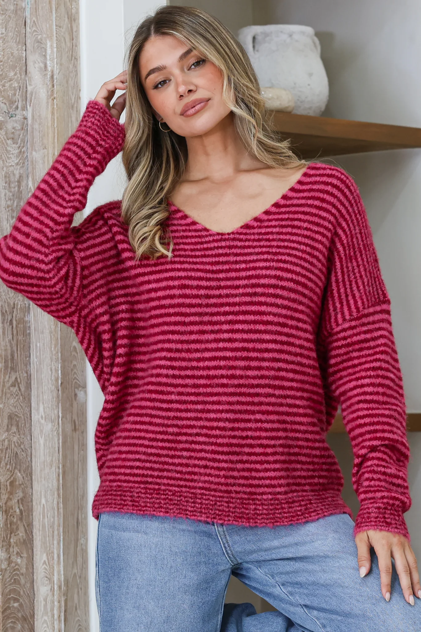 Elena Jumper - V Neck Boxy Batwing Sleeve Knit in Fuchsia - Image 3