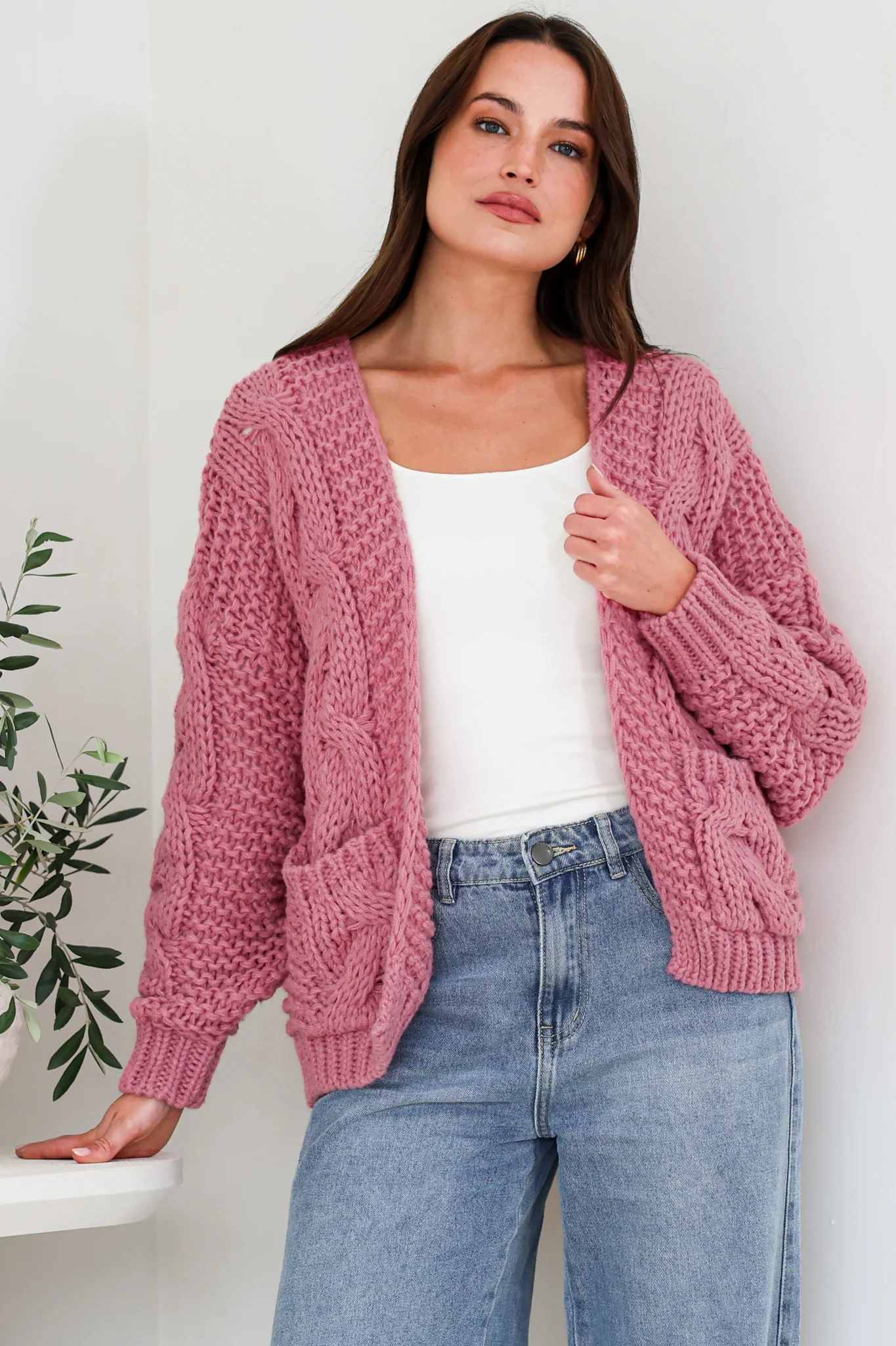 Elias Cardigan - Open Front Thick Cable Knit with Pockets in Pink - Image 2