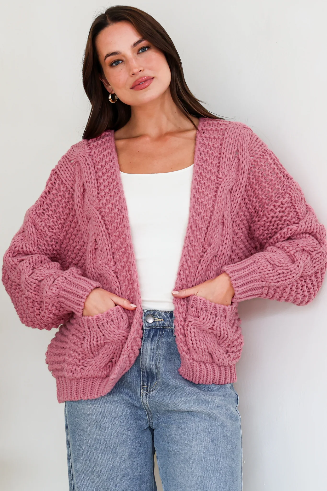 Elias Cardigan - Open Front Thick Cable Knit with Pockets in Pink - Image 3
