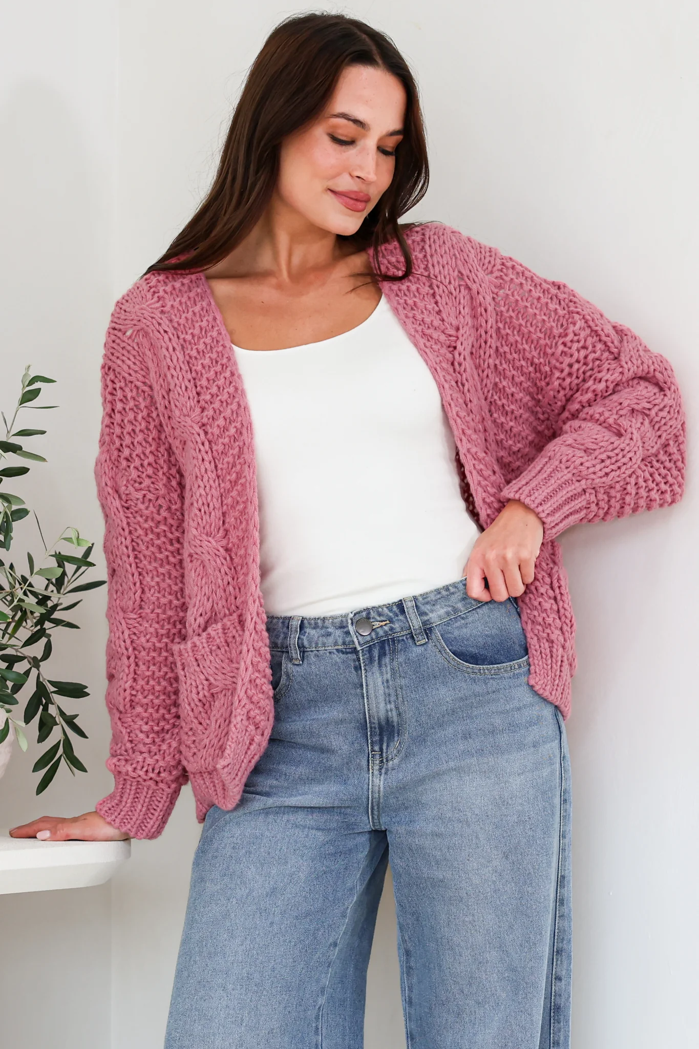 Elias Cardigan - Open Front Thick Cable Knit with Pockets in Pink - Image 4