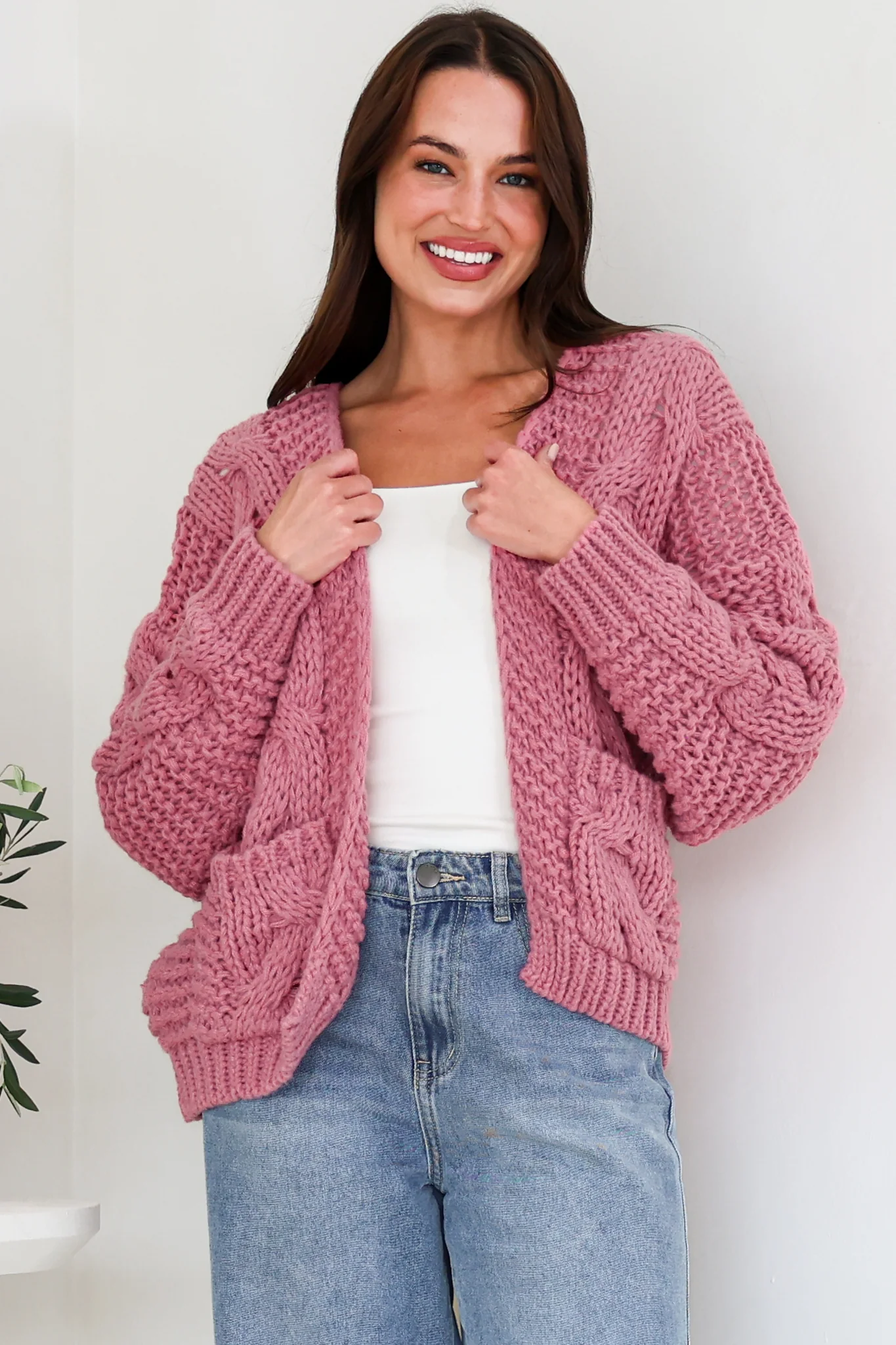 Elias Cardigan - Open Front Thick Cable Knit with Pockets in Pink - Image 5