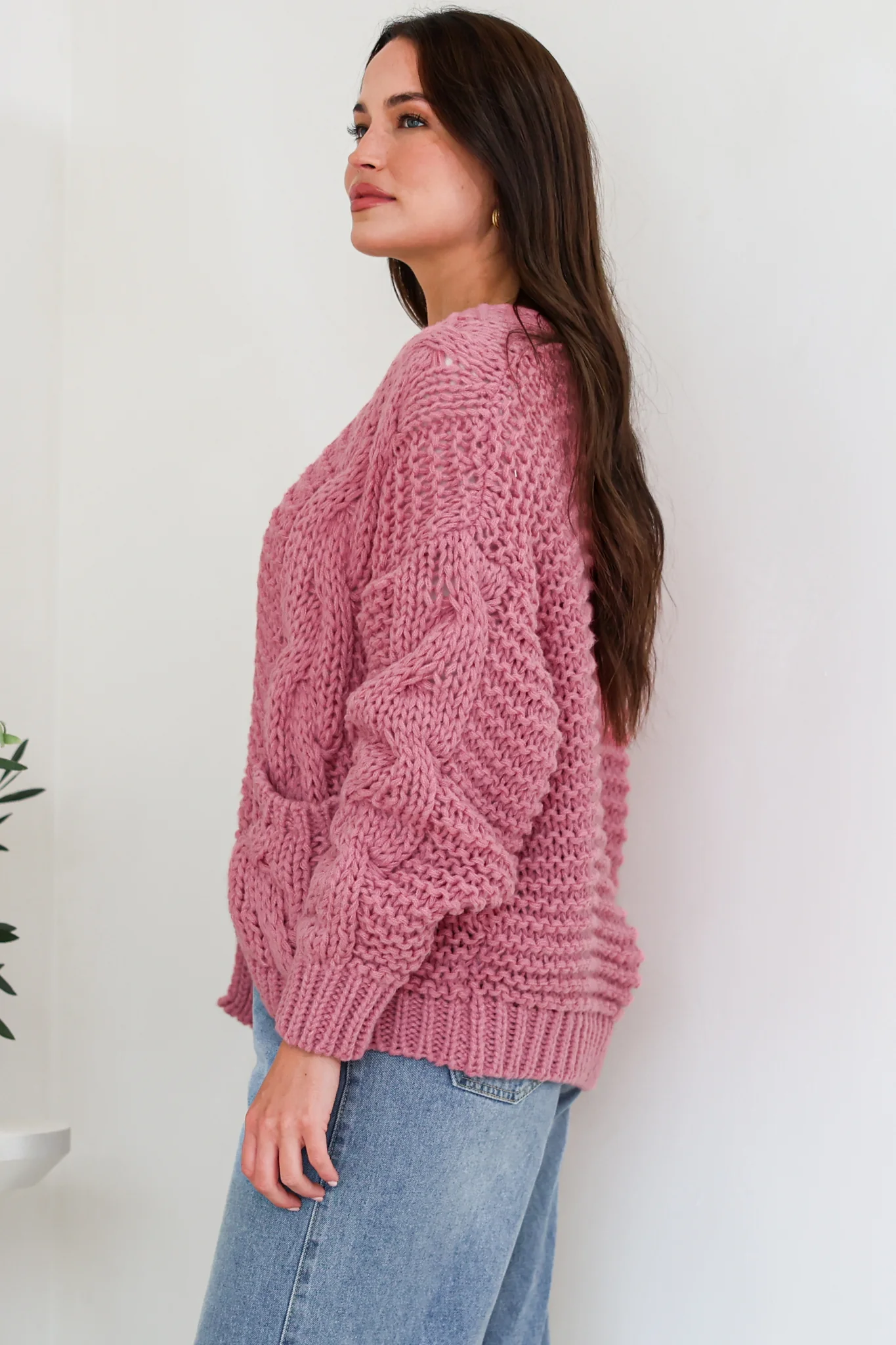 Elias Cardigan - Open Front Thick Cable Knit with Pockets in Pink - Image 6