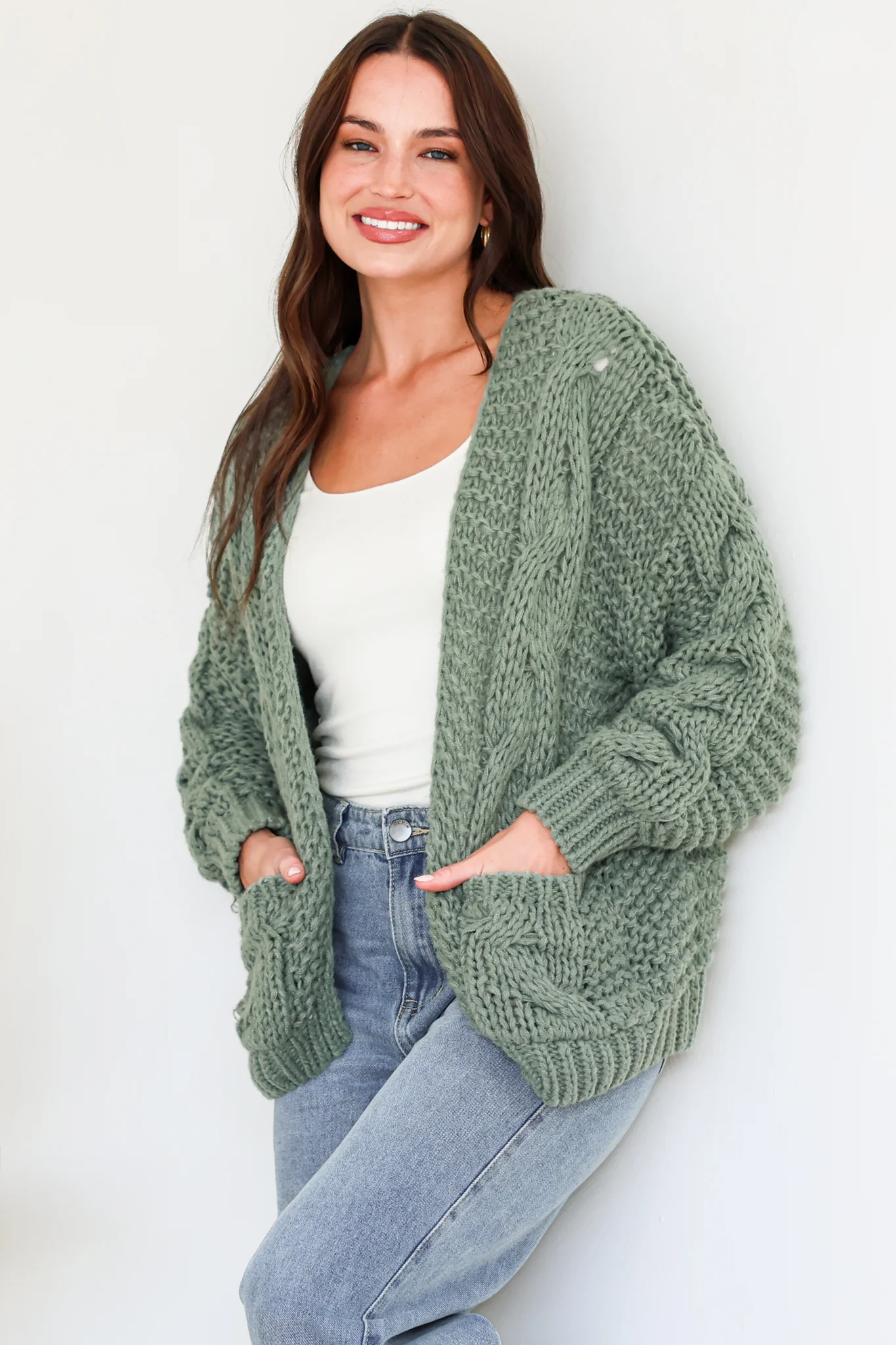Elias Cardigan - Open Front Thick Cable Knit with Pockets in Sage - Image 2