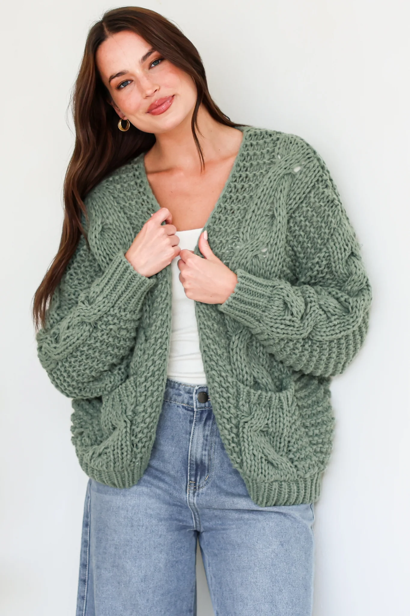 Elias Cardigan - Open Front Thick Cable Knit with Pockets in Sage - Image 3