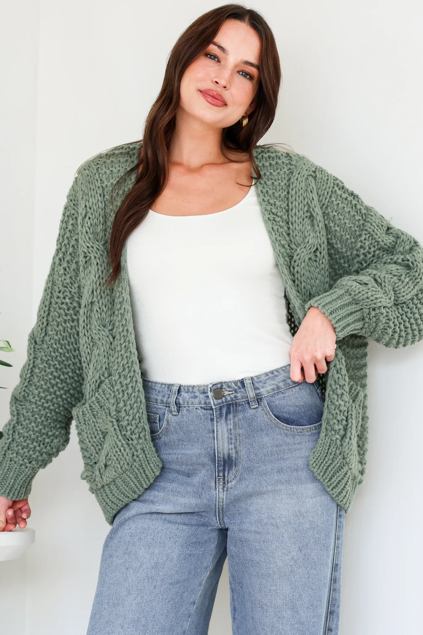 Elias Cardigan - Open Front Thick Cable Knit with Pockets in Sage - Image 4