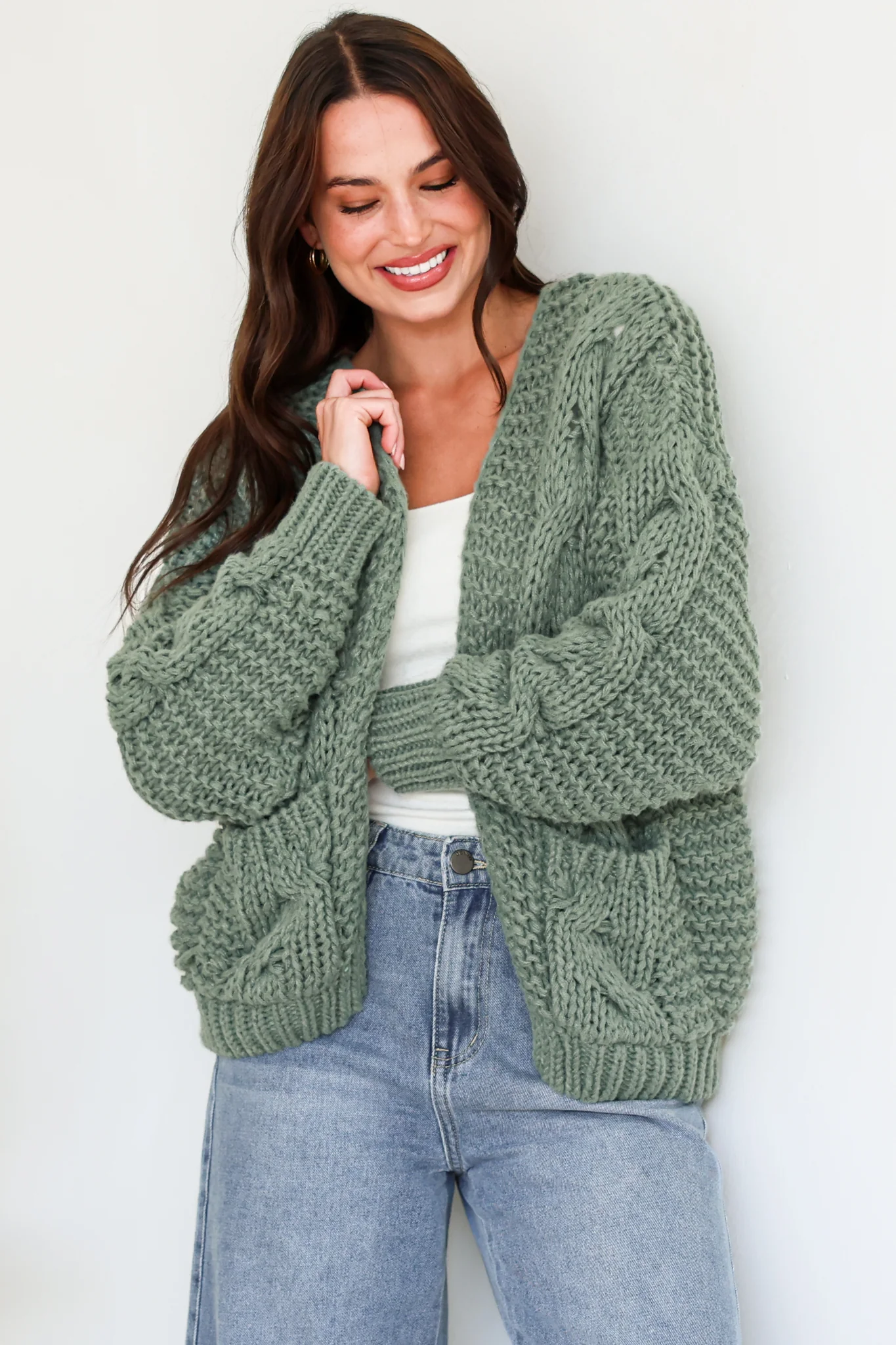 Elias Cardigan - Open Front Thick Cable Knit with Pockets in Sage - Image 5